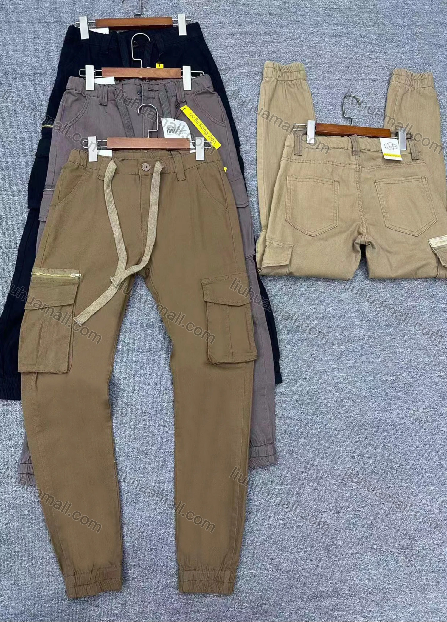 Wholesale Men's Casual Plain Multiple Pockets Drawstring Elastic Waist Cargo Pants 7305# - Liuhuamall