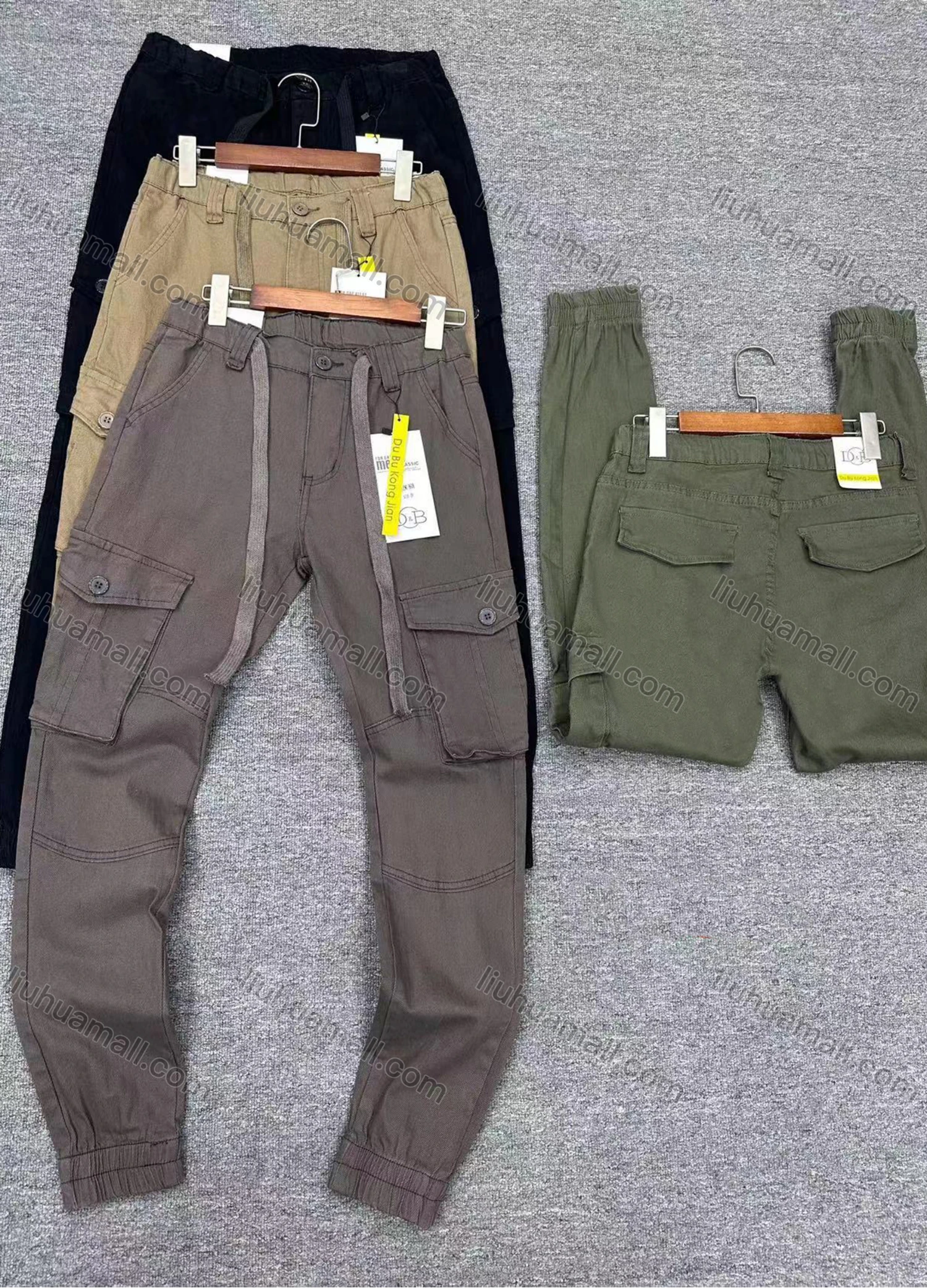 Wholesale Men's Casual Plain Flap Pockets Drawstring Elastic Waist Cargo Pants 8608# - Liuhuamall