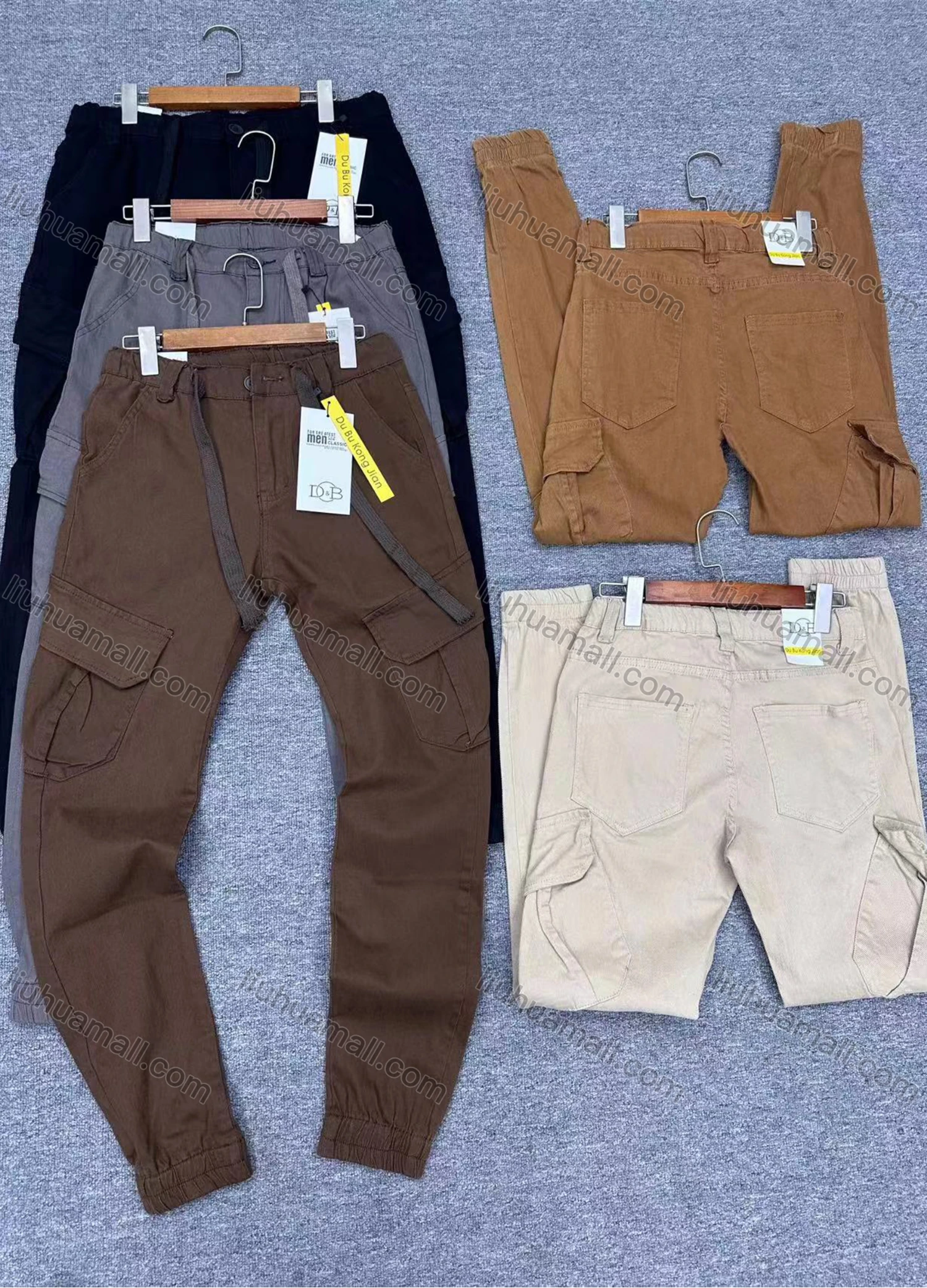 Wholesale Men's Casual Plain Flap Pockets Drawstring Elastic Waist Cargo Pants 8621# - Liuhuamall