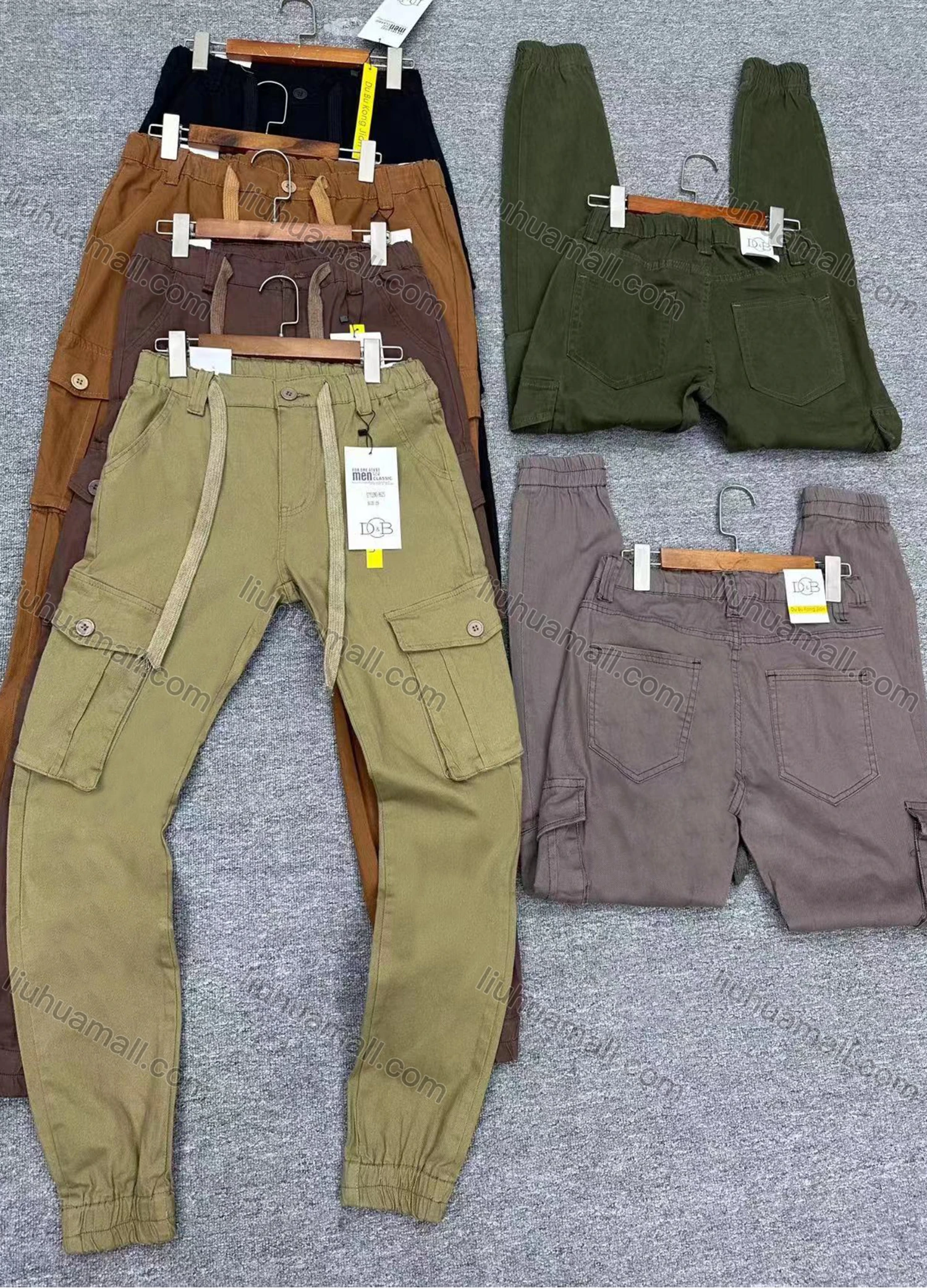 Wholesale Men's Casual Plain Flap Pockets Drawstring Elastic Waist Cargo Pants 8625# - Liuhuamall