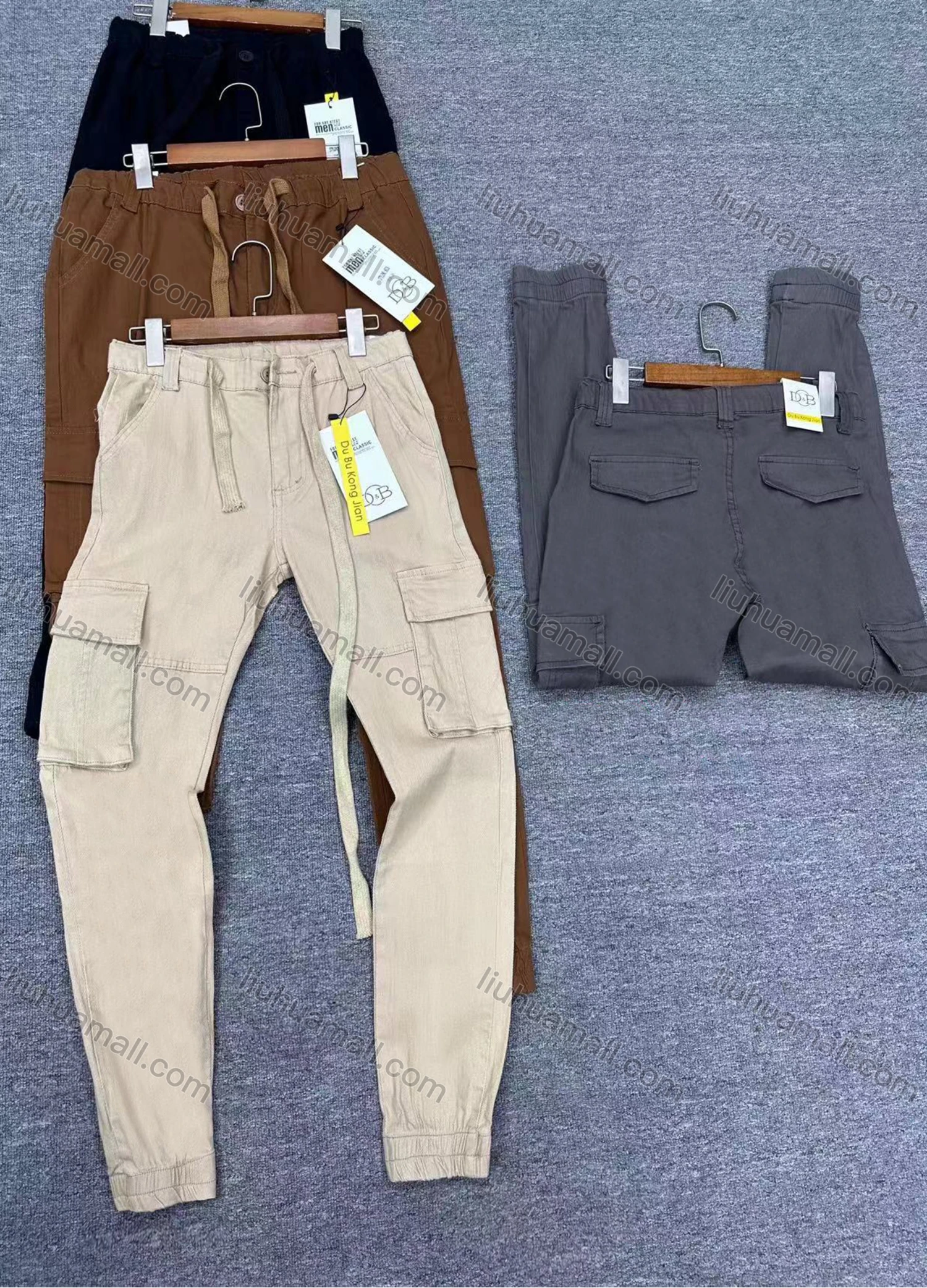 Wholesale Men's Casual Plain Flap Pockets Drawstring Elastic Waist Cargo Pants 8626# - Liuhuamall