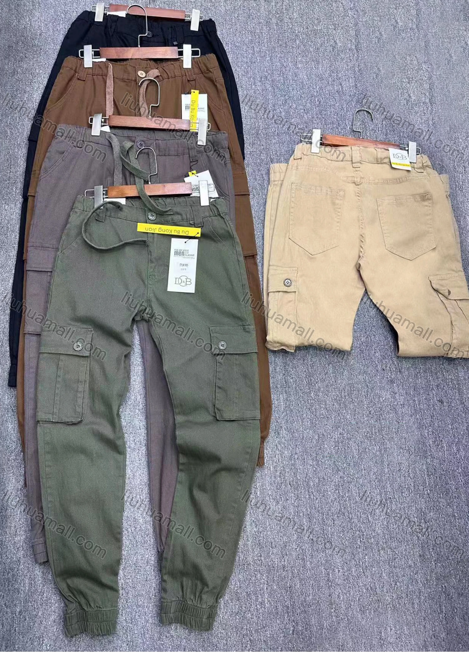 Wholesale Men's Casual Plain Flap Pockets Drawstring Elastic Waist Cargo Pants 8629# - Liuhuamall