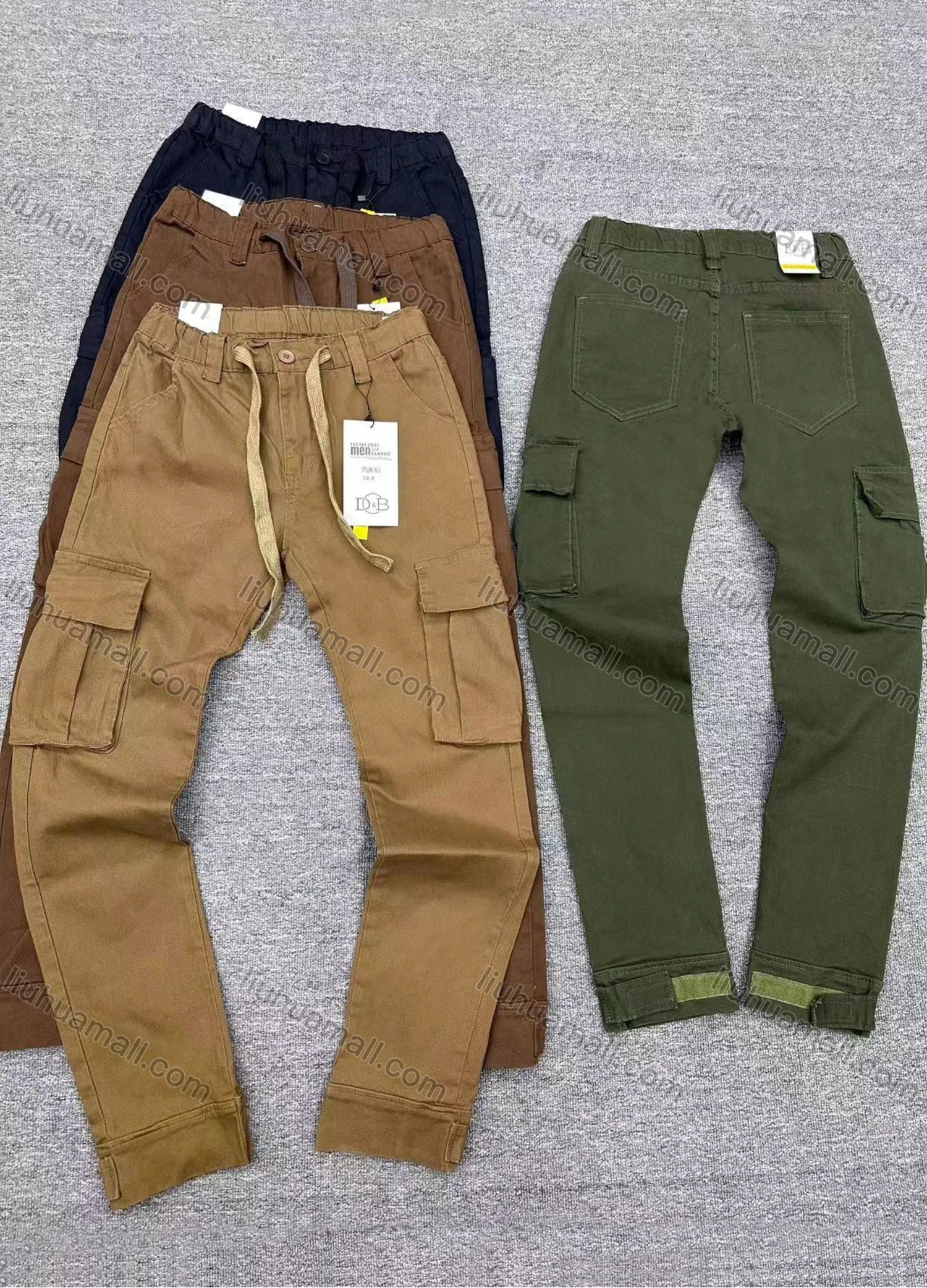 Wholesale Men's Casual Plain Flap Pockets Drawstring Elastic Waist Cargo Pants 8631# - Liuhuamall