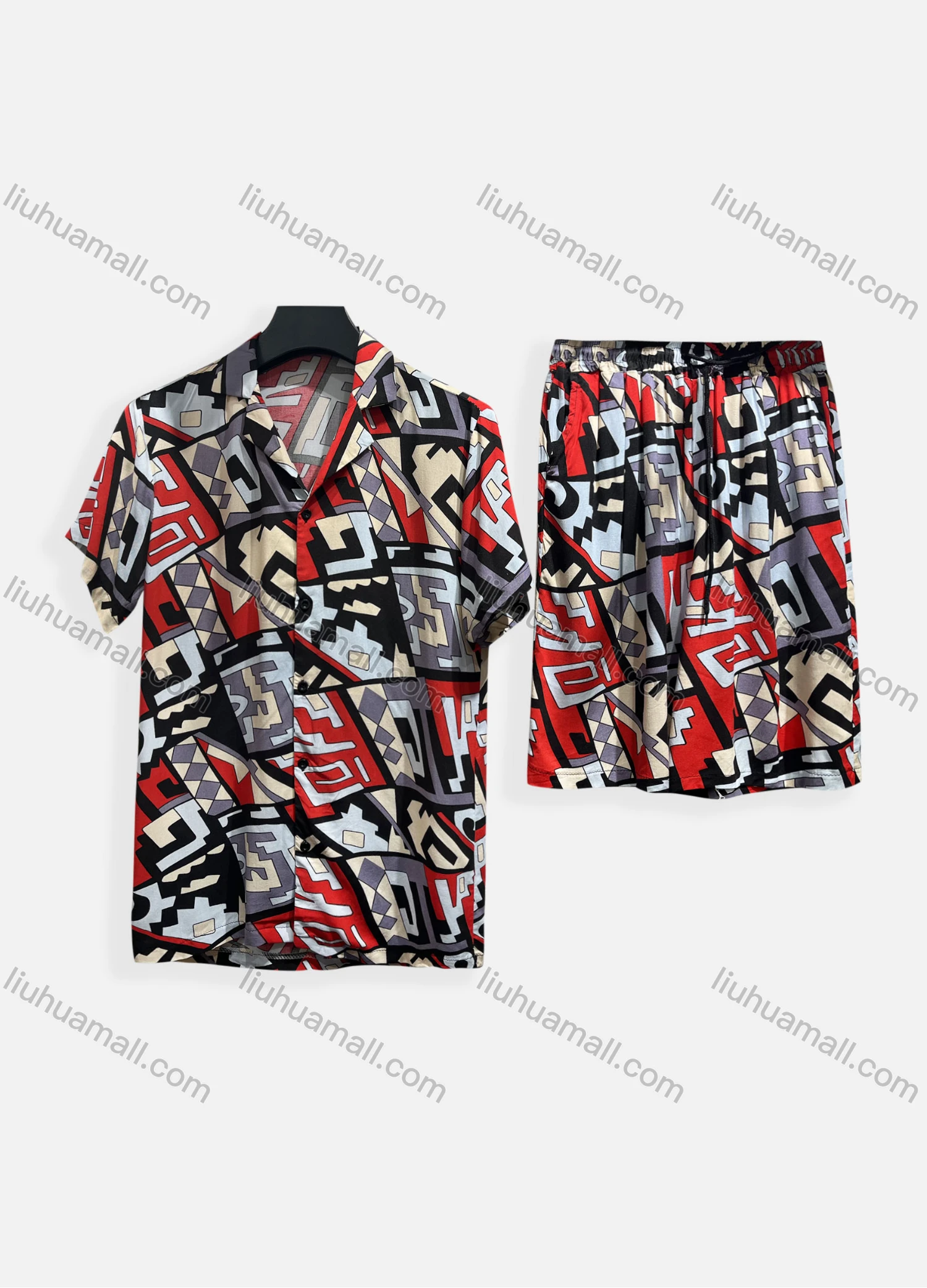 Wholesale Men's Casual Allover Print Short Sleeve Shirt & Shorts 2 Piece Lounge Set 002# - Liuhuamall