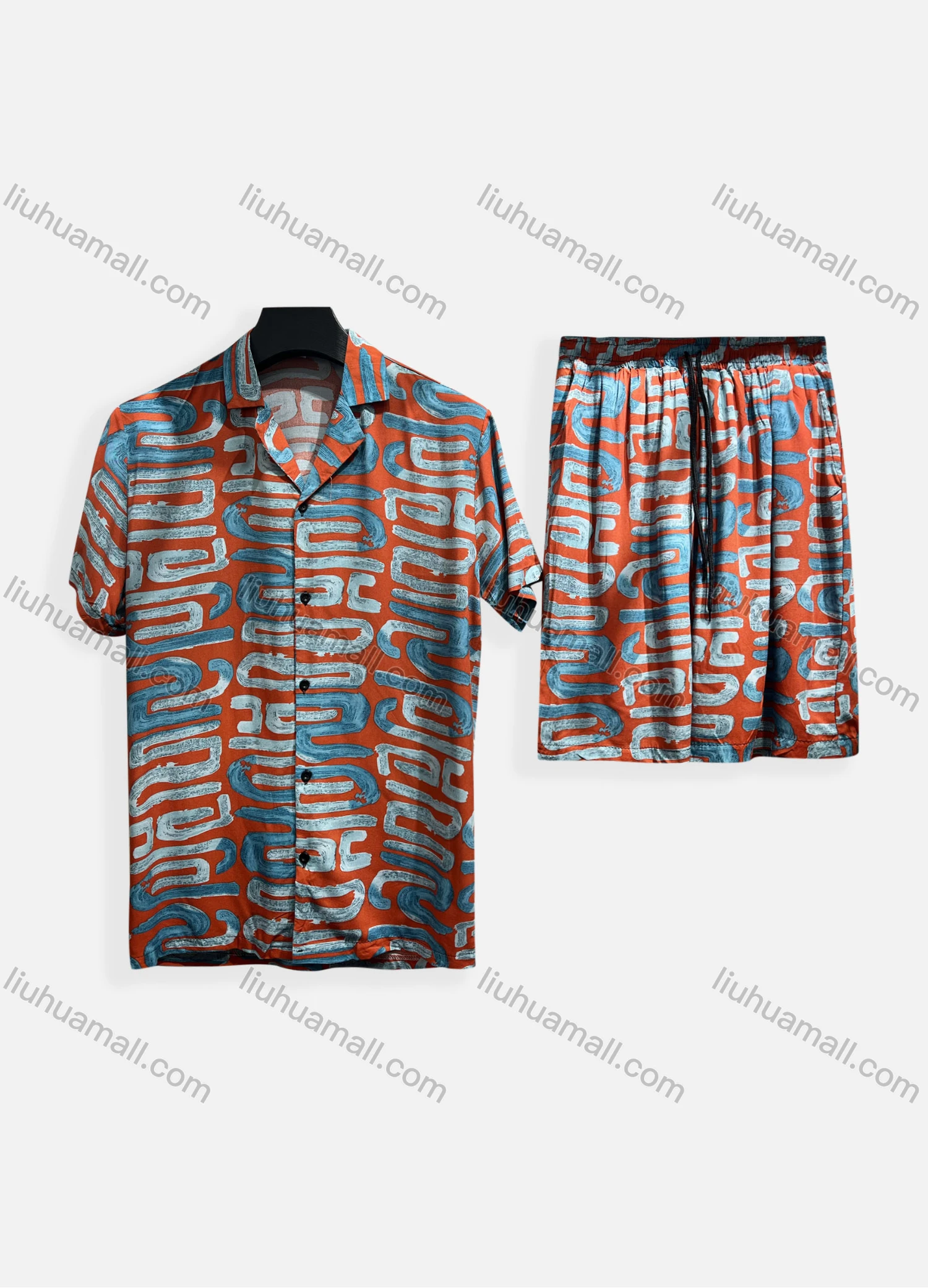Wholesale Men's Casual Allover Print Short Sleeve Shirt & Shorts 2 Piece Lounge Set 002# - Liuhuamall