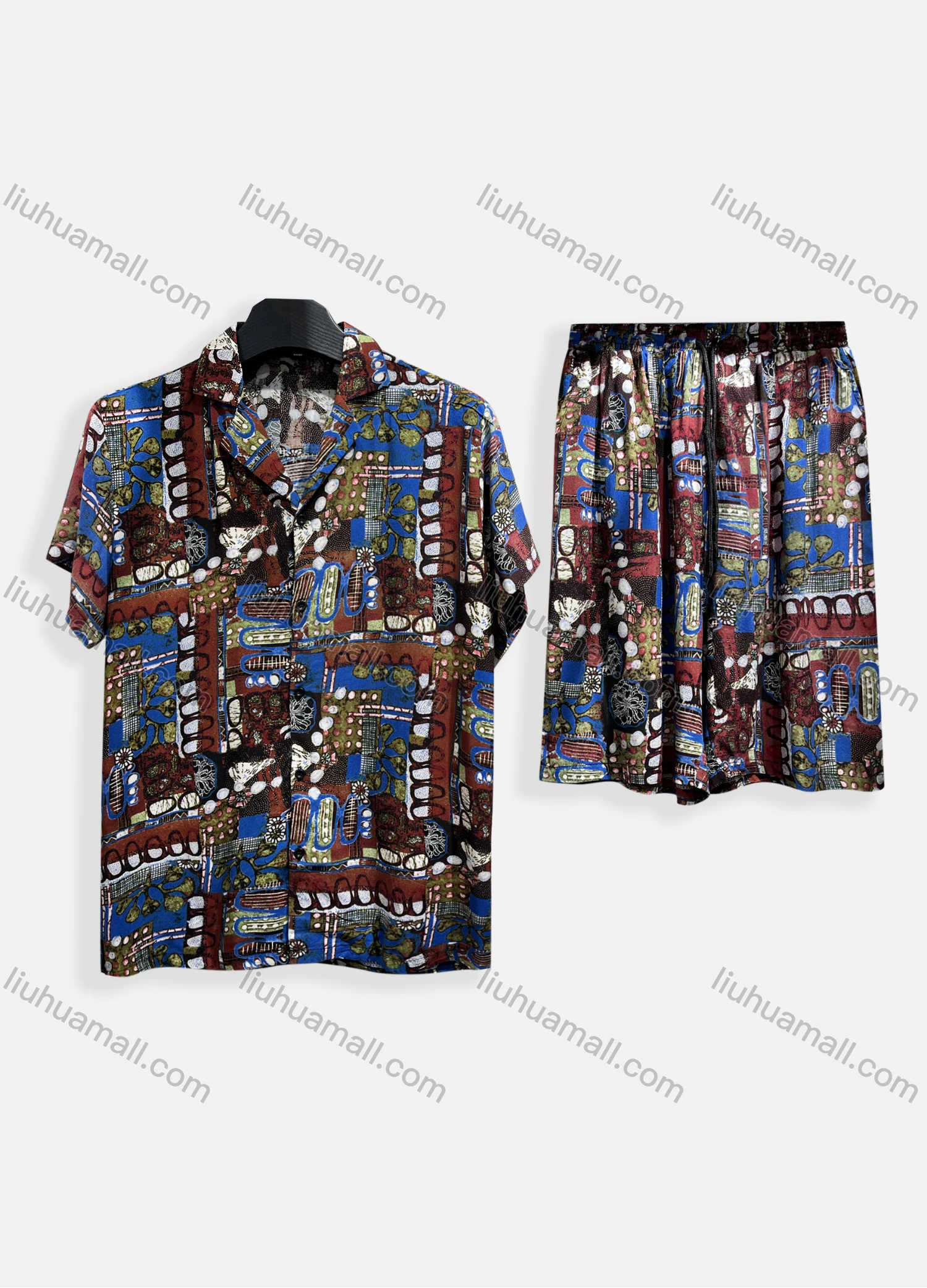 Wholesale Men's Casual Allover Print Short Sleeve Shirt & Shorts 2 Piece Lounge Set 002# - Liuhuamall