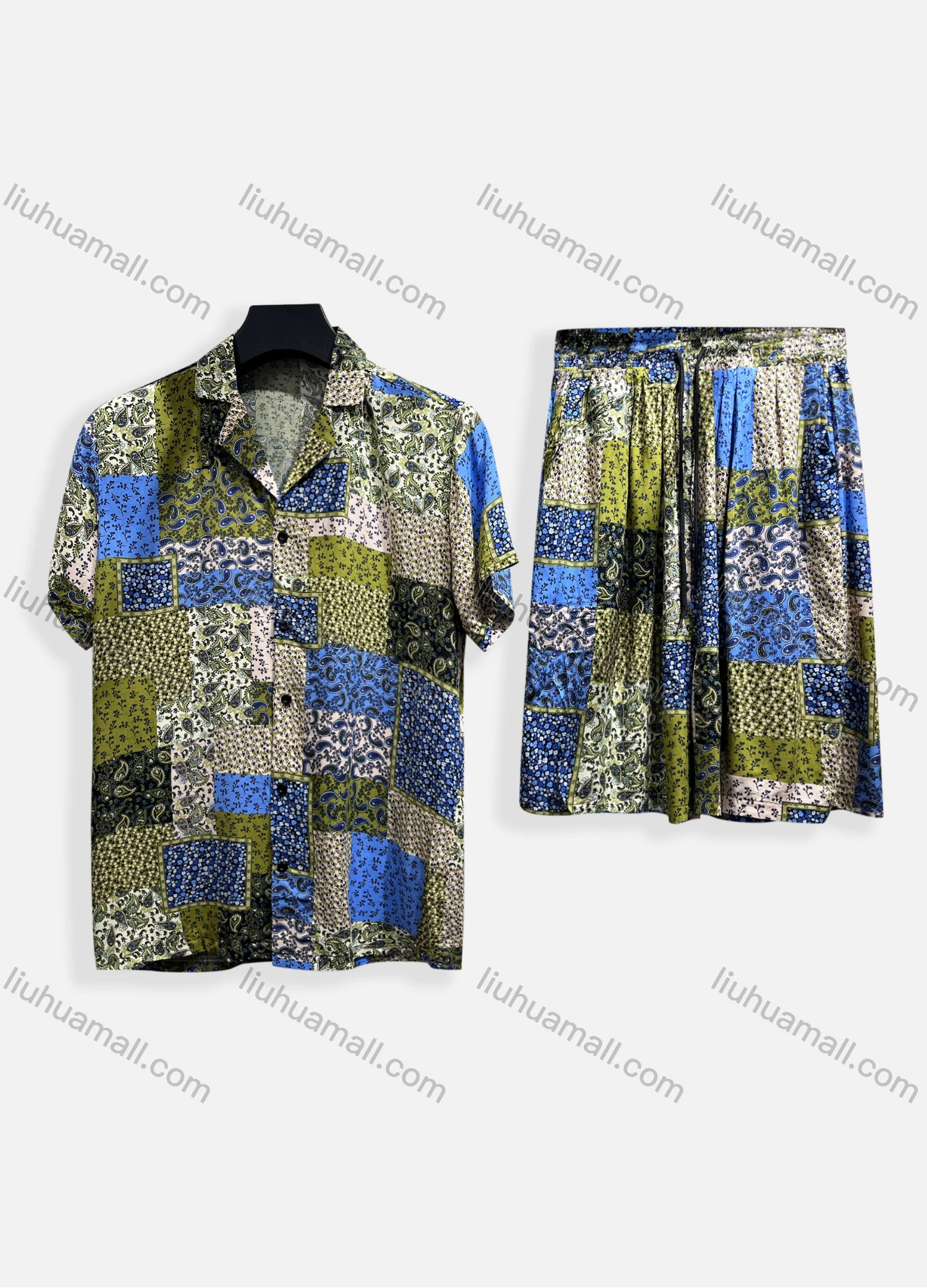 Wholesale Men's Casual Allover Print Short Sleeve Shirt & Shorts 2 Piece Lounge Set 002# - Liuhuamall
