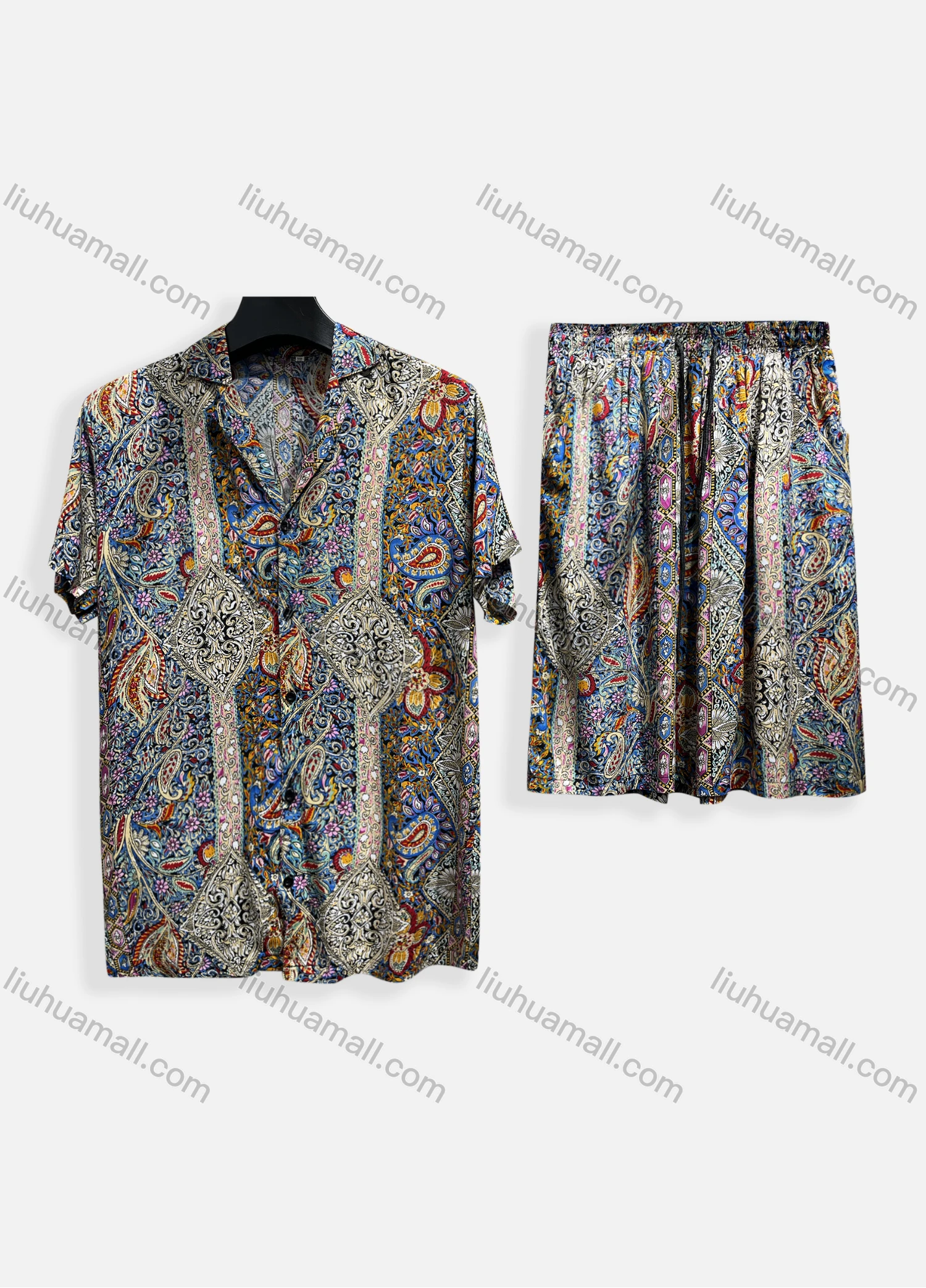 Wholesale Men's Casual Allover Print Short Sleeve Shirt & Shorts 2 Piece Lounge Set 002# - Liuhuamall