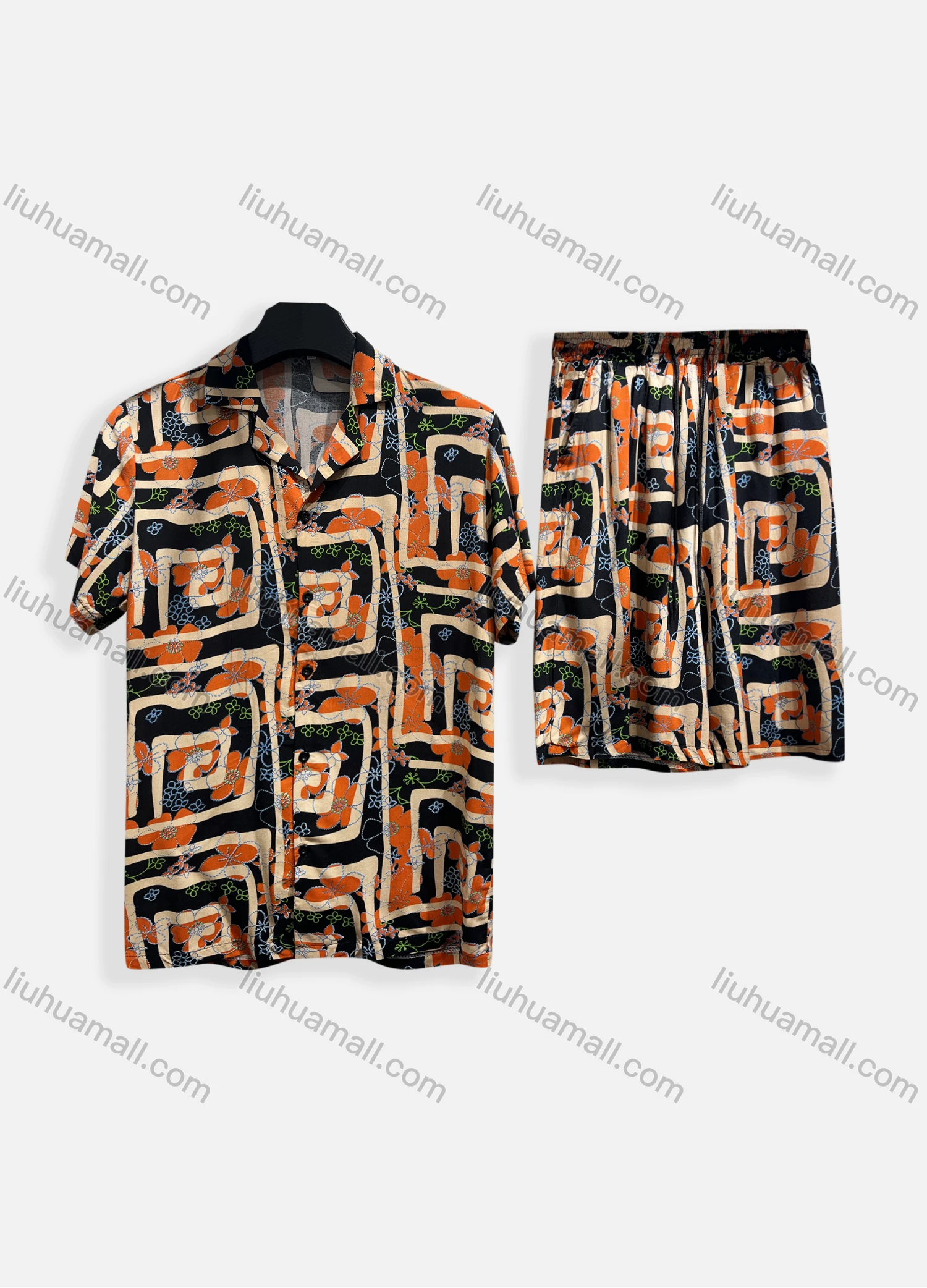 Wholesale Men's Casual Allover Print Short Sleeve Shirt & Shorts 2 Piece Lounge Set 002# - Liuhuamall