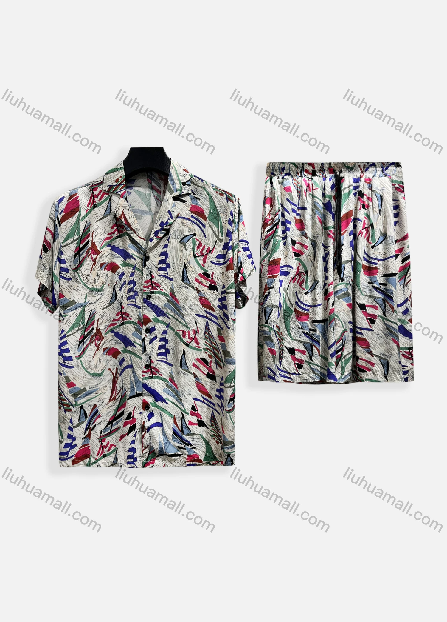 Wholesale Men's Casual Allover Print Short Sleeve Shirt & Shorts 2 Piece Lounge Set 002# - Liuhuamall