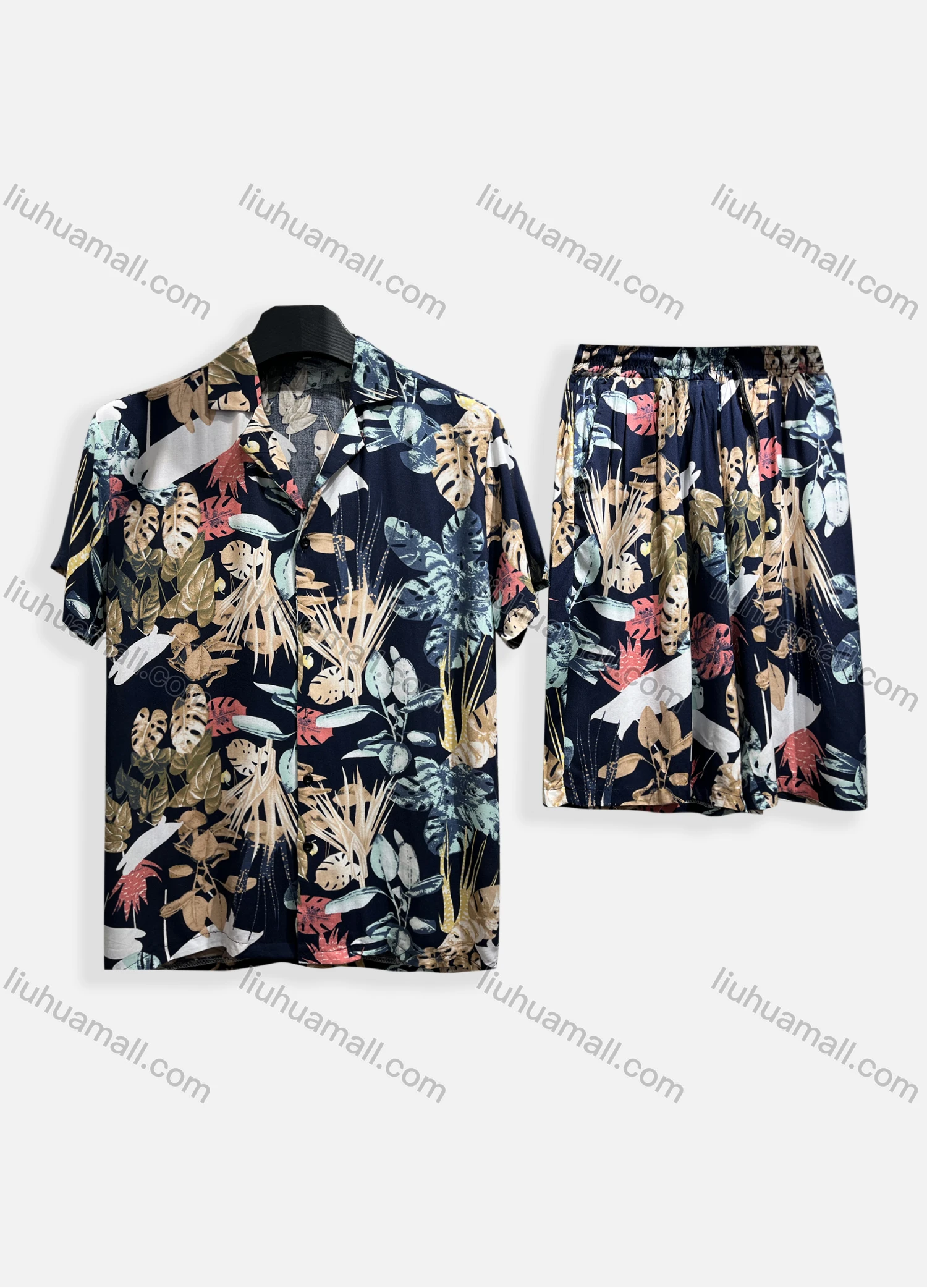 Wholesale Men's Casual Allover Print Short Sleeve Shirt & Shorts 2 Piece Lounge Set 002# - Liuhuamall