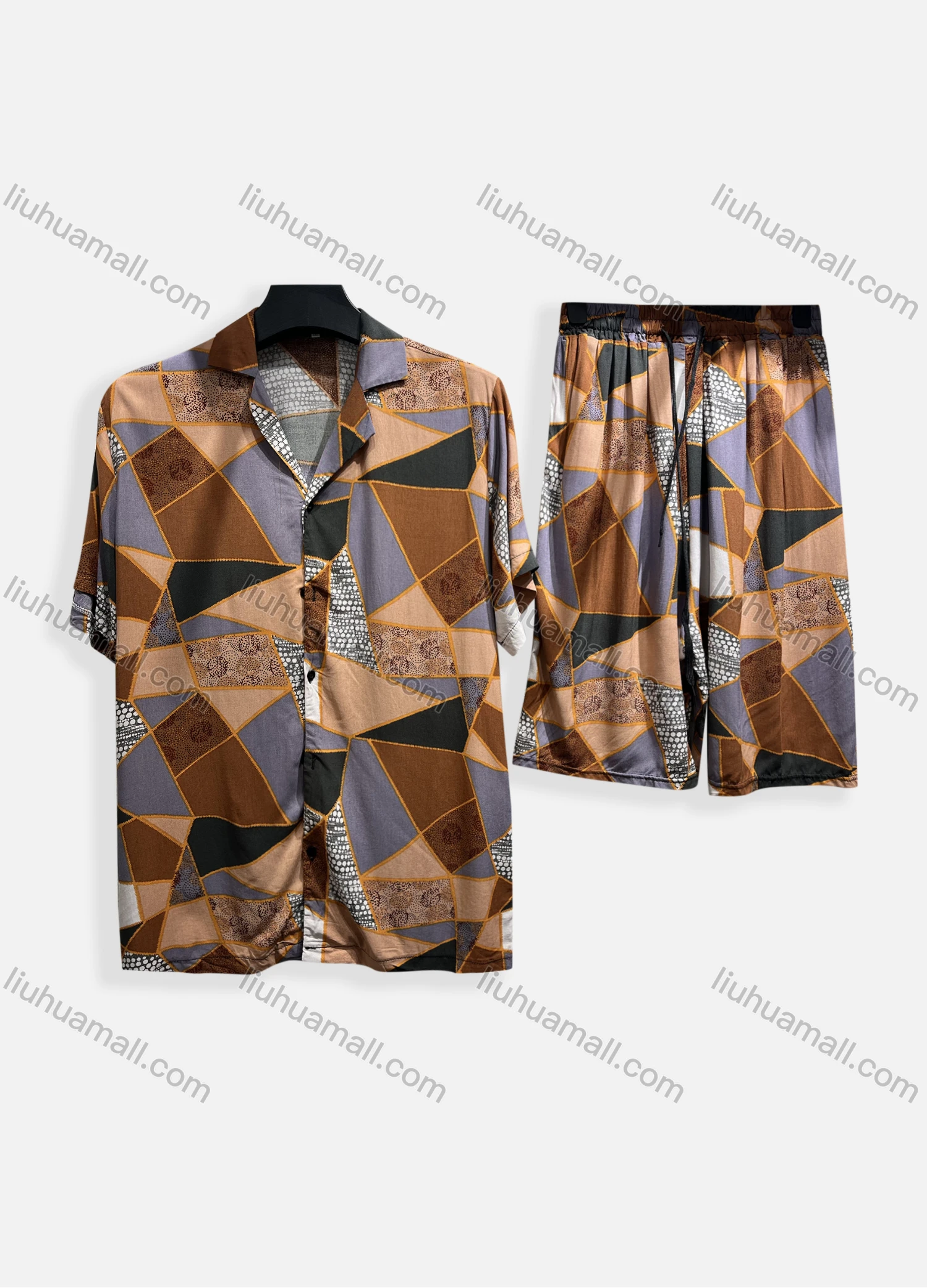Wholesale Men's Casual Allover Print Short Sleeve Shirt & Shorts 2 Piece Lounge Set 002# - Liuhuamall