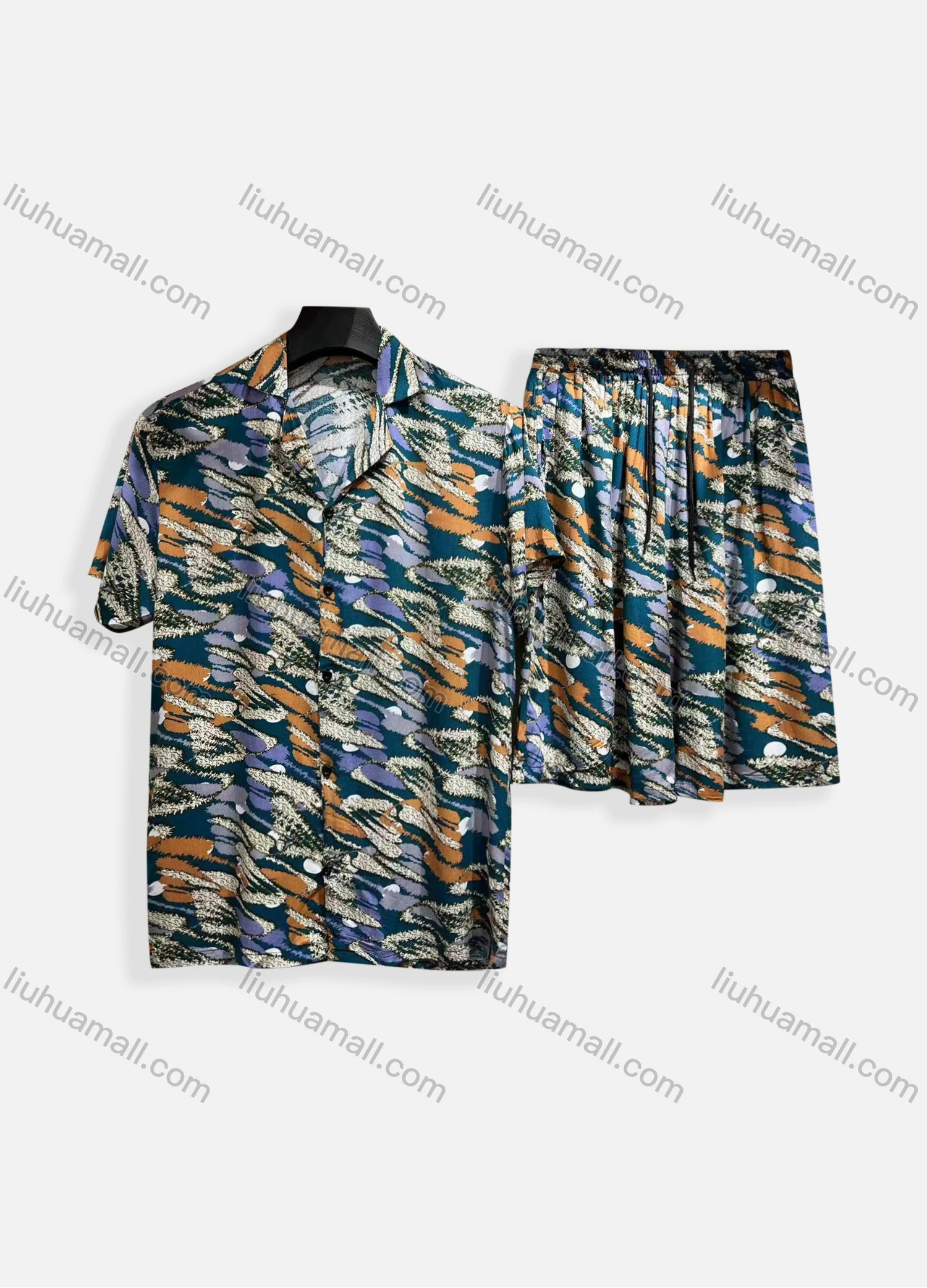 Wholesale Men's Casual Allover Print Short Sleeve Shirt & Shorts 2 Piece Lounge Set 002# - Liuhuamall