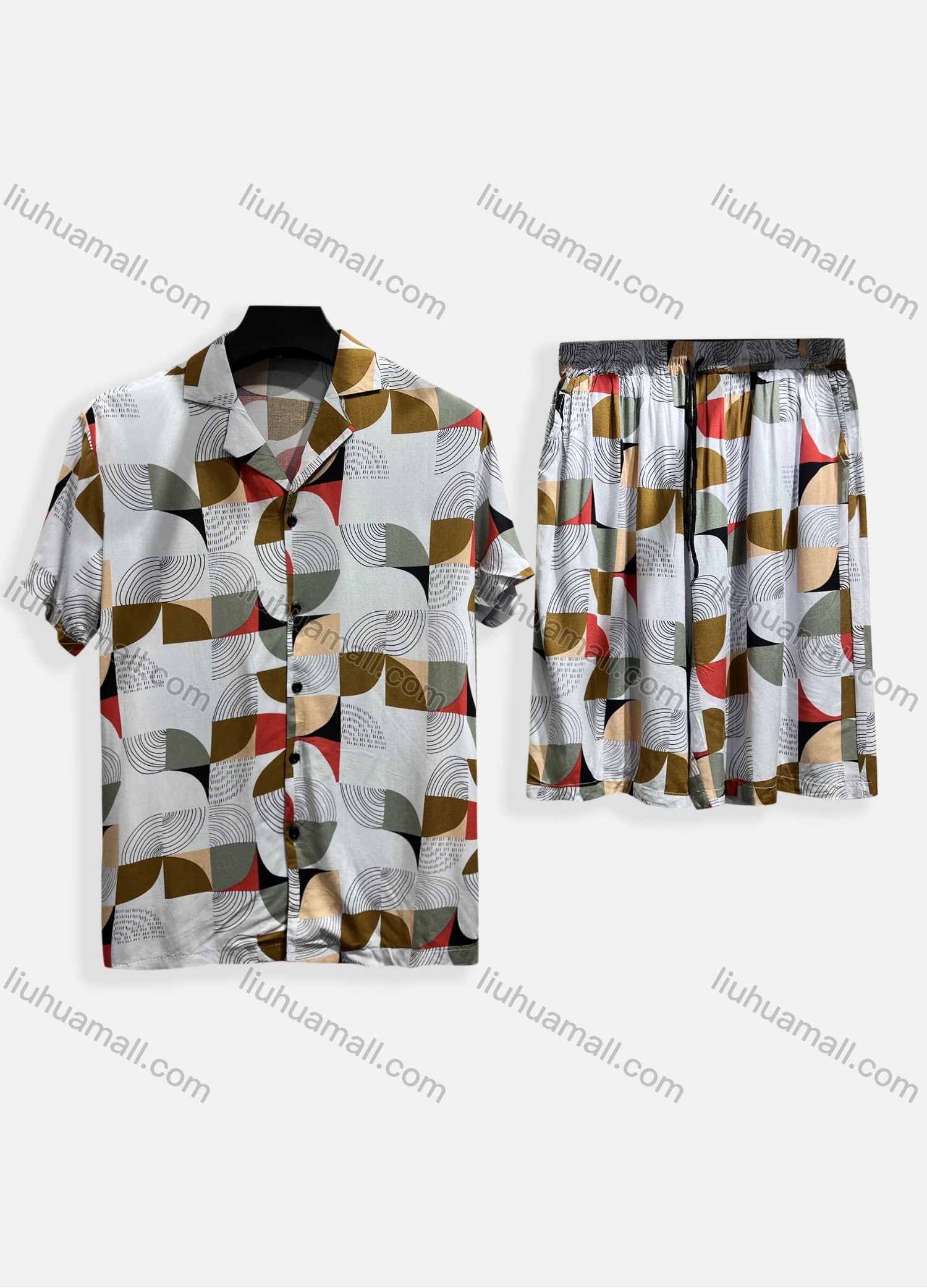 Wholesale Men's Casual Allover Print Short Sleeve Shirt & Shorts 2 Piece Lounge Set 002# - Liuhuamall
