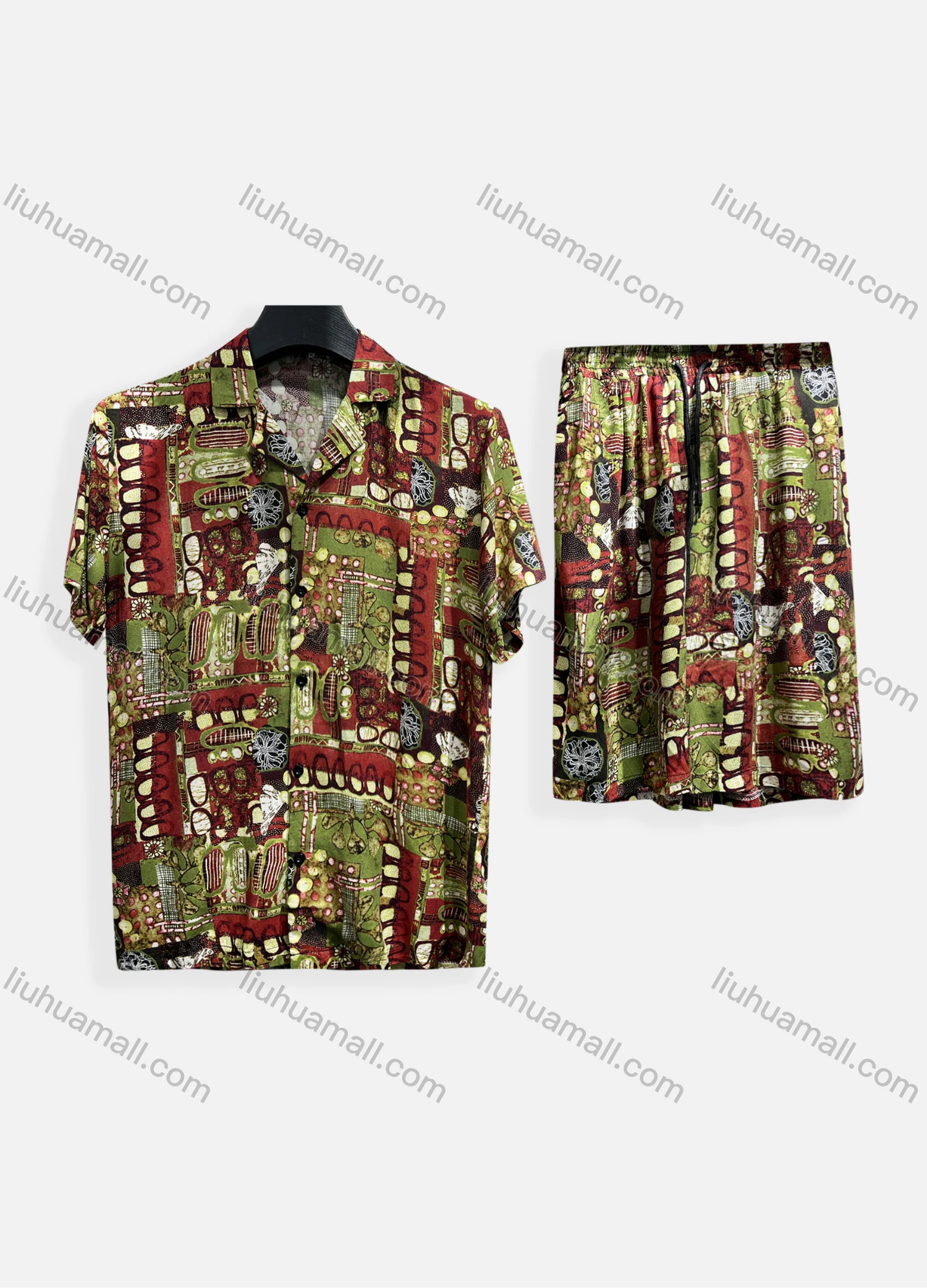Wholesale Men's Casual Allover Print Short Sleeve Shirt & Shorts 2 Piece Lounge Set 002# - Liuhuamall