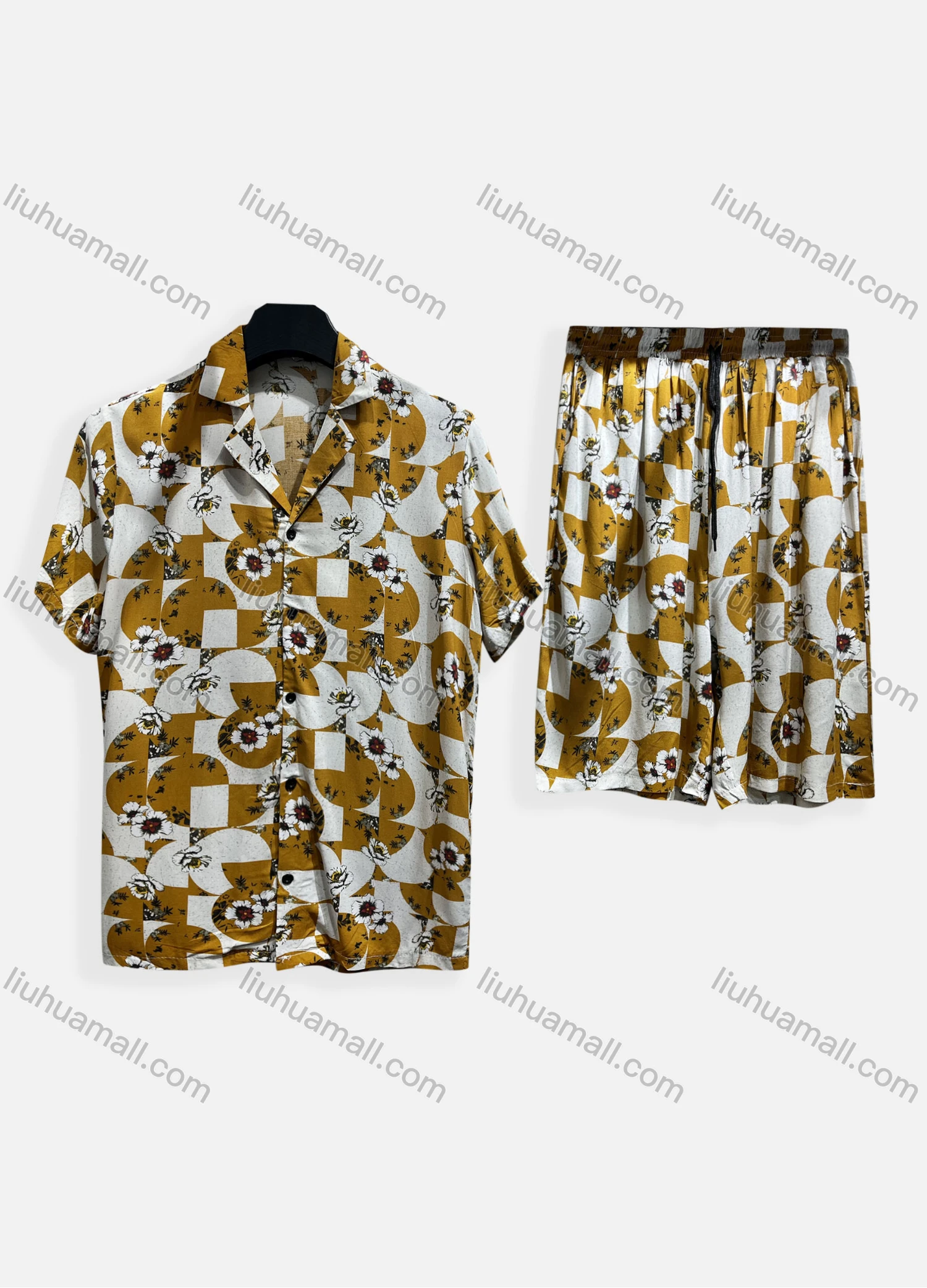Wholesale Men's Casual Allover Print Short Sleeve Shirt & Shorts 2 Piece Lounge Set 002# - Liuhuamall