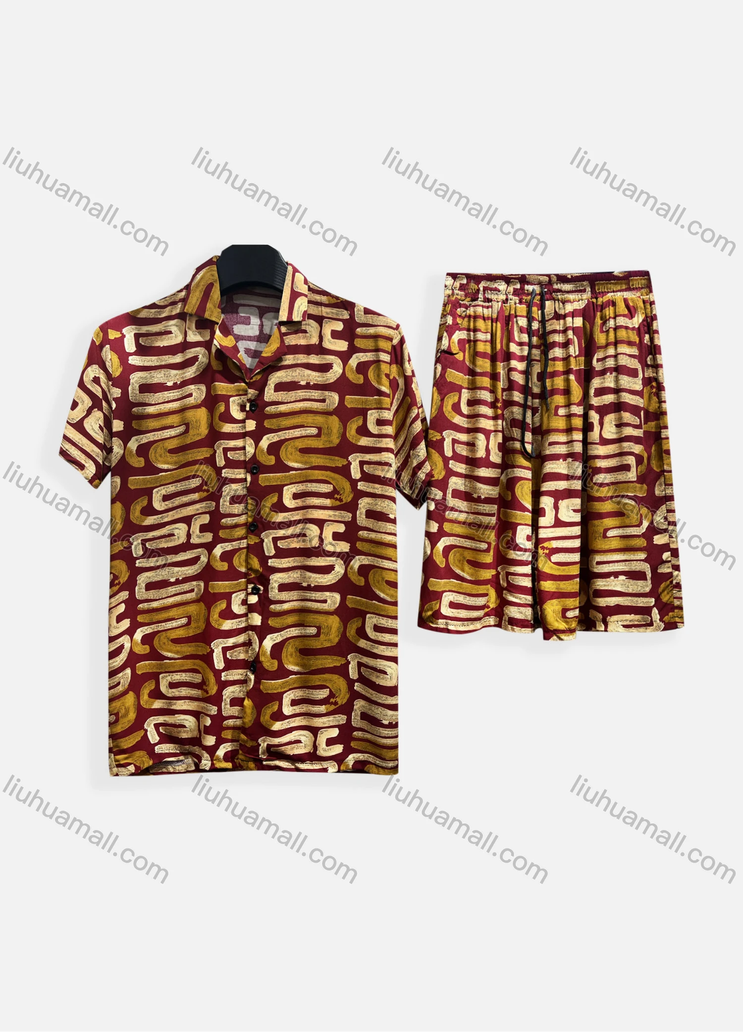 Wholesale Men's Casual Allover Print Short Sleeve Shirt & Shorts 2 Piece Lounge Set 002# - Liuhuamall