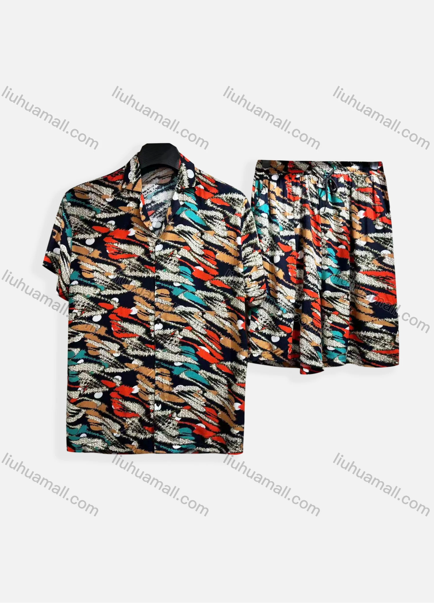 Wholesale Men's Casual Allover Print Short Sleeve Shirt & Shorts 2 Piece Lounge Set 002# - Liuhuamall