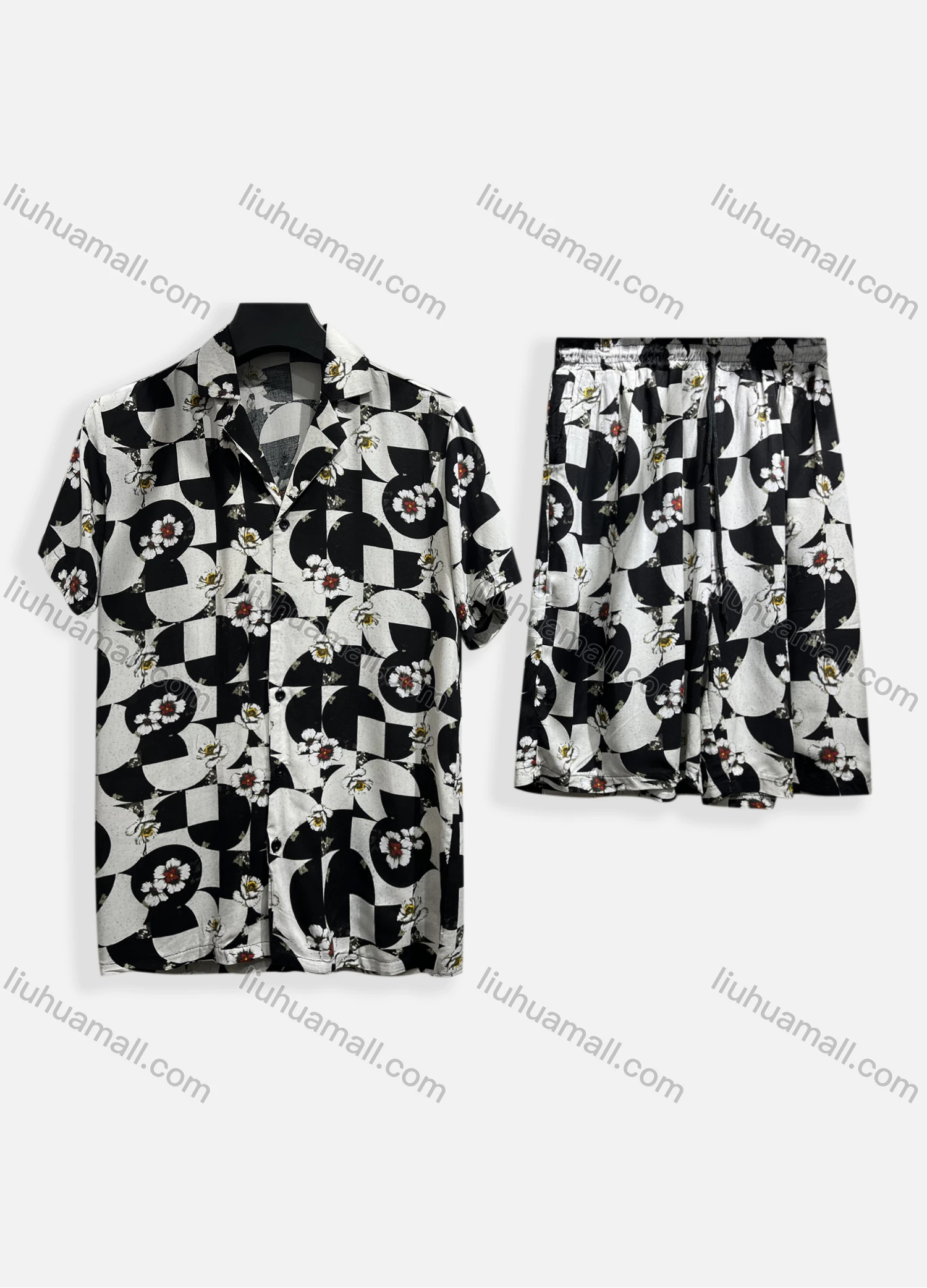 Wholesale Men's Casual Allover Print Short Sleeve Shirt & Shorts 2 Piece Lounge Set 002# - Liuhuamall