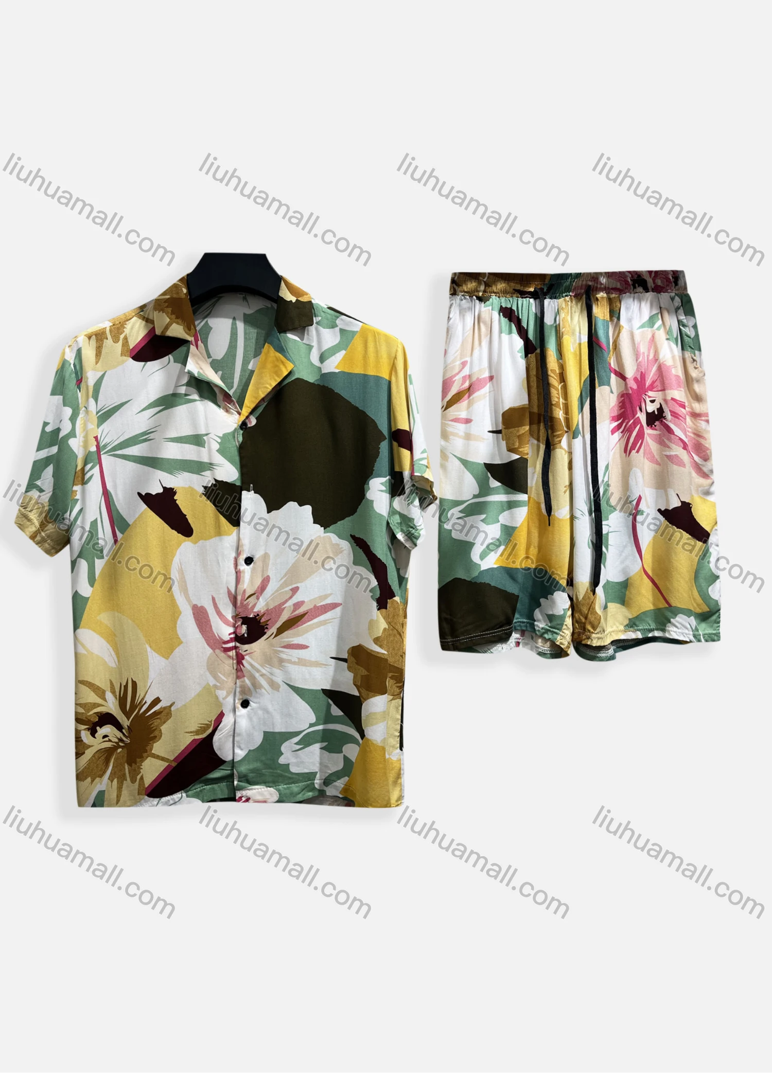 Wholesale Men's Casual Allover Print Short Sleeve Shirt & Shorts 2 Piece Lounge Set 002# - Liuhuamall