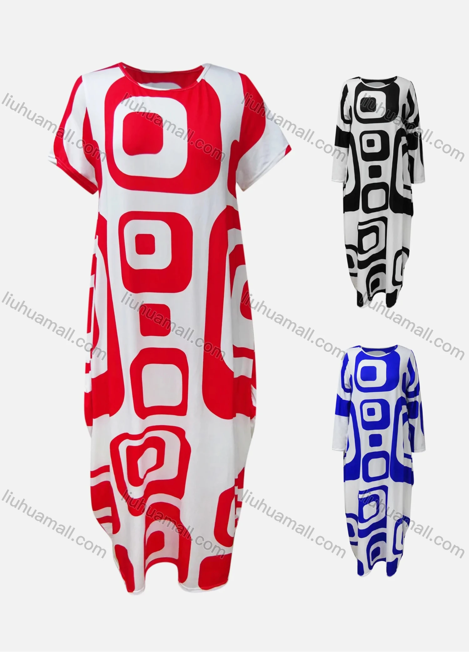 Wholesale Women's African Crew Neck Geometric Print Curved Hem Loose Fit Dress 8823# - Liuhuamall