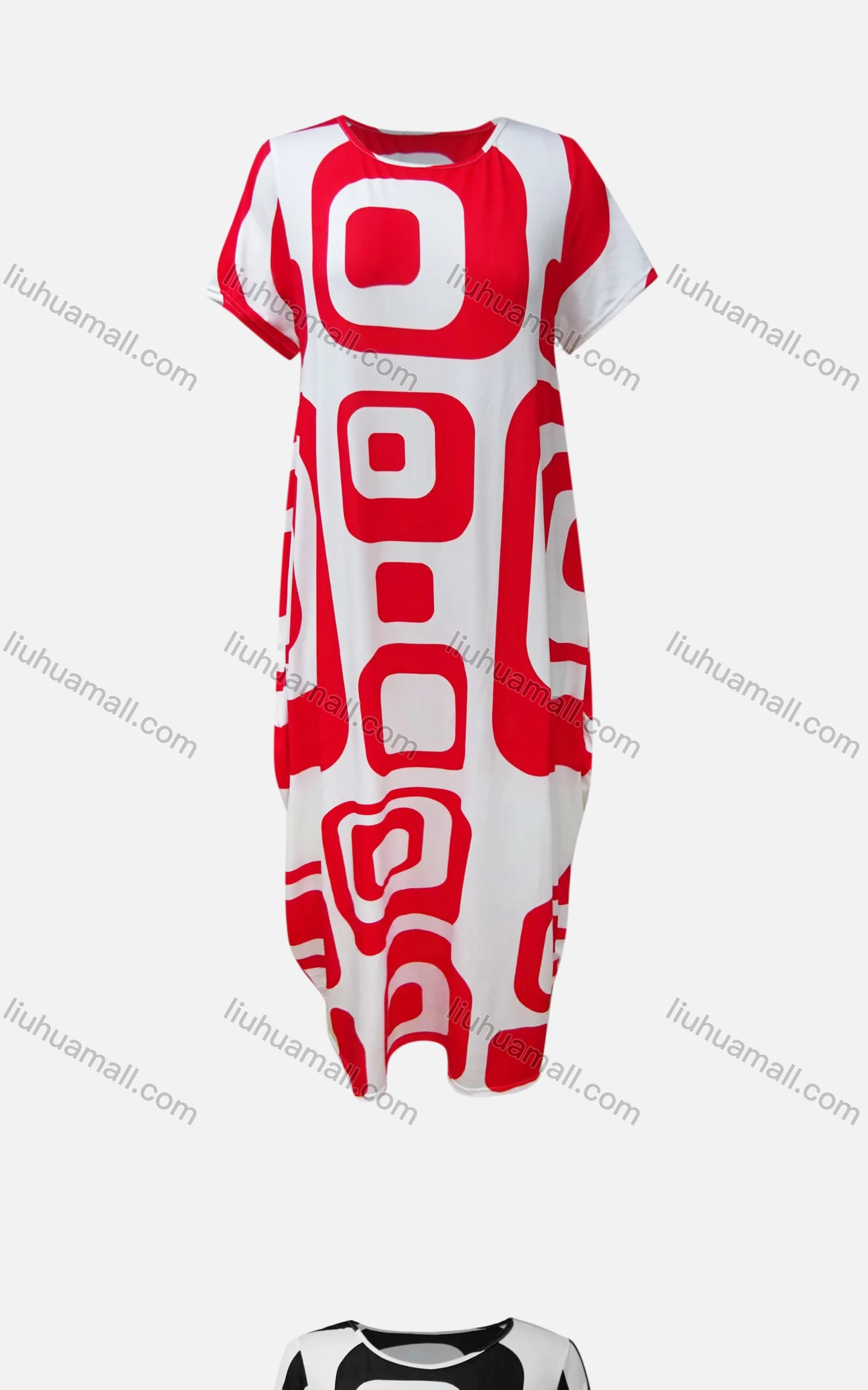 Wholesale Women's African Crew Neck Geometric Print Curved Hem Loose Fit Dress 8823# - Liuhuamall