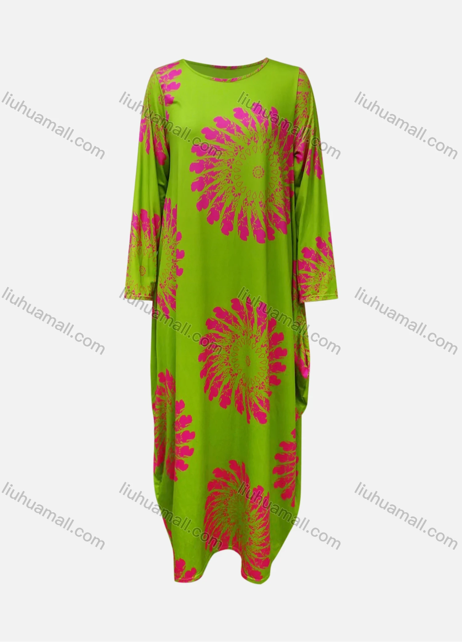 Wholesale Women's African Crew Neck Long Sleeve Floral Curved Hem Loose Fit Dress 8824# - Liuhuamall