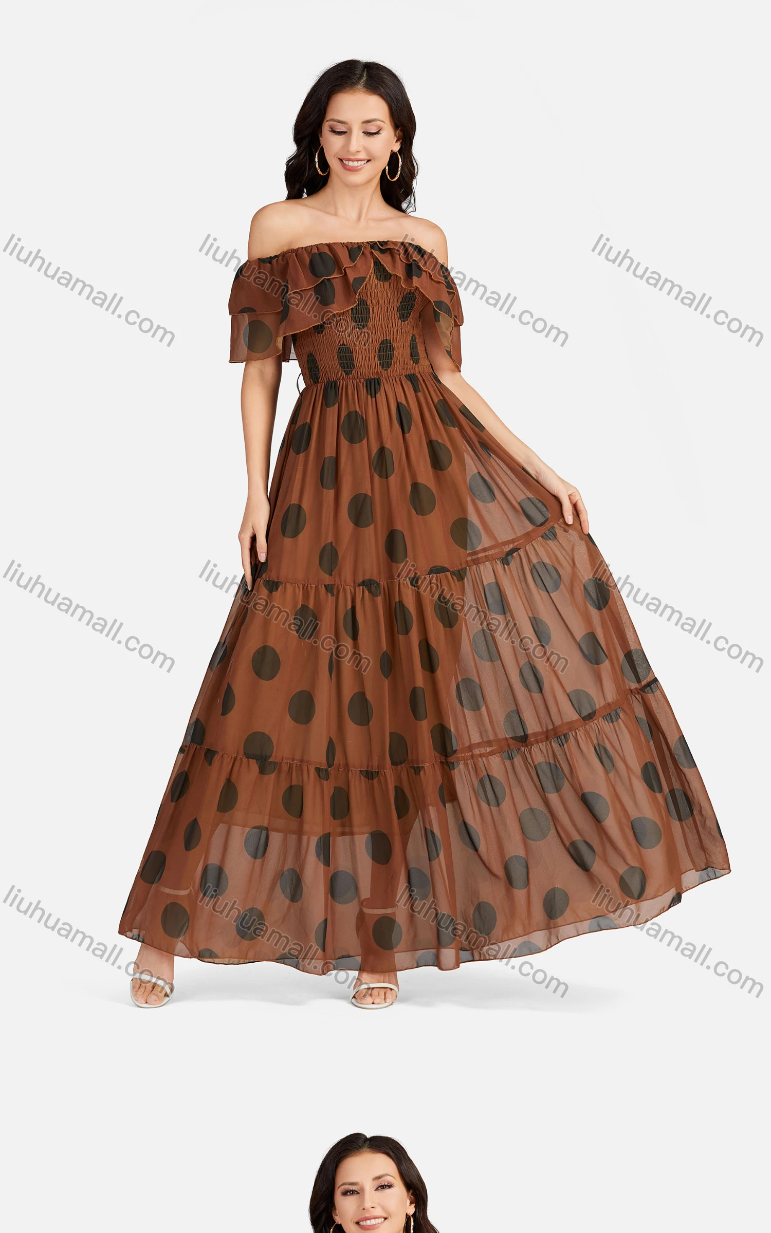 Wholesale Women's Casual Off Shoulder Ruffle Trim Polka Dot Tiered Hem Maxi Dress B632# - Liuhuamall