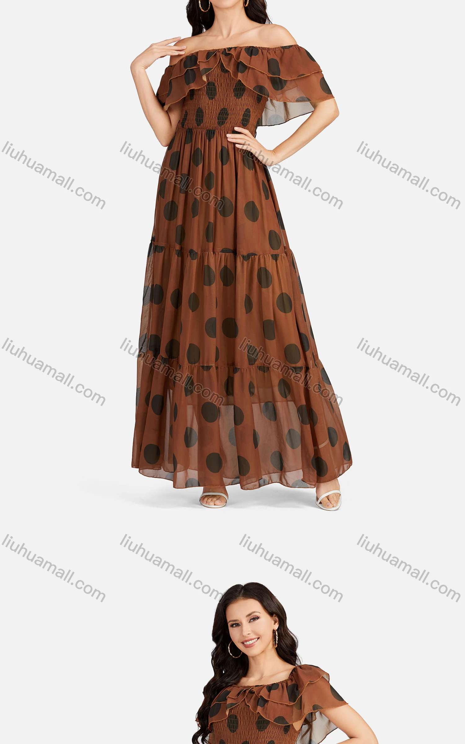 Wholesale Women's Casual Off Shoulder Ruffle Trim Polka Dot Tiered Hem Maxi Dress B632# - Liuhuamall