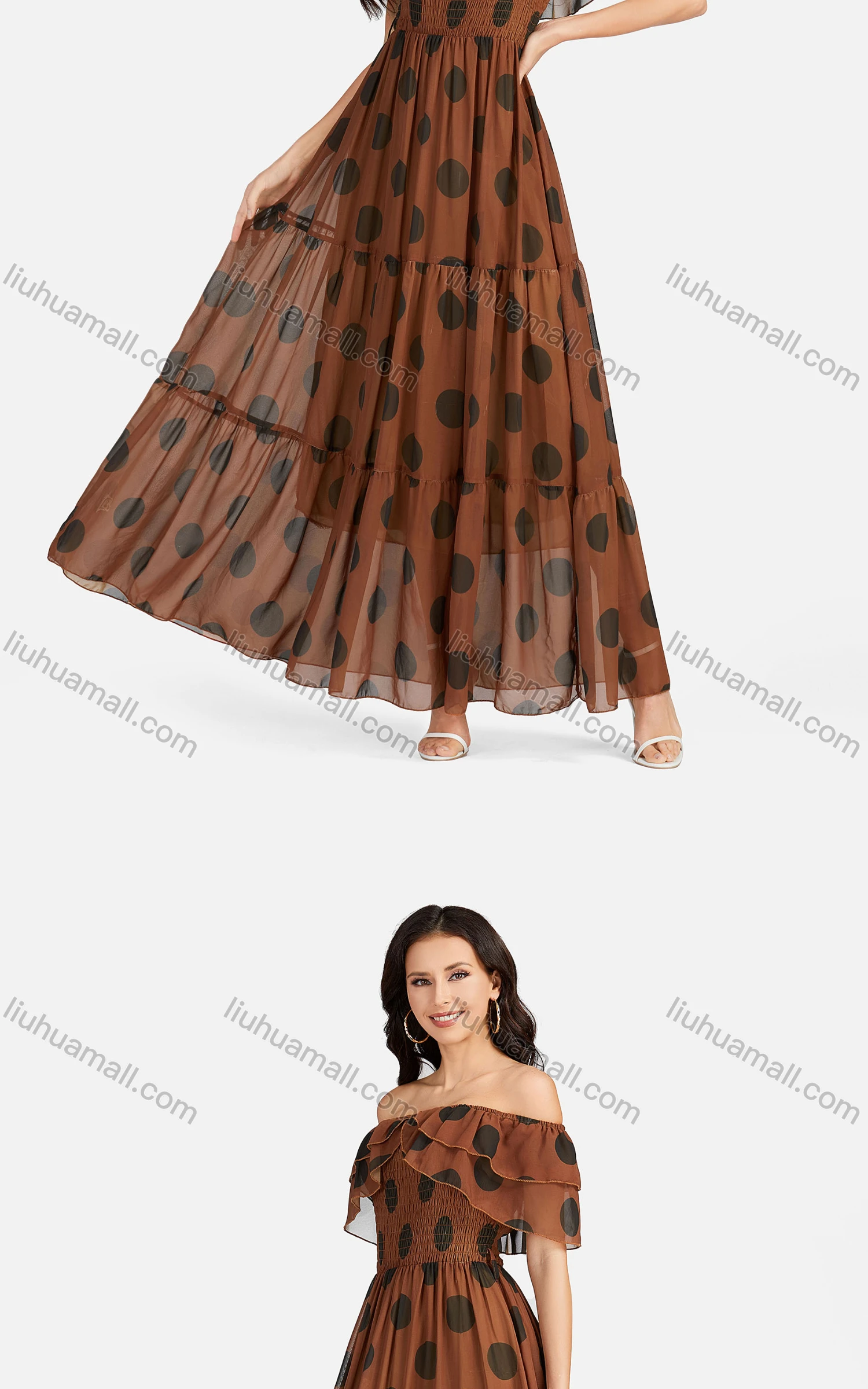 Wholesale Women's Casual Off Shoulder Ruffle Trim Polka Dot Tiered Hem Maxi Dress B632# - Liuhuamall