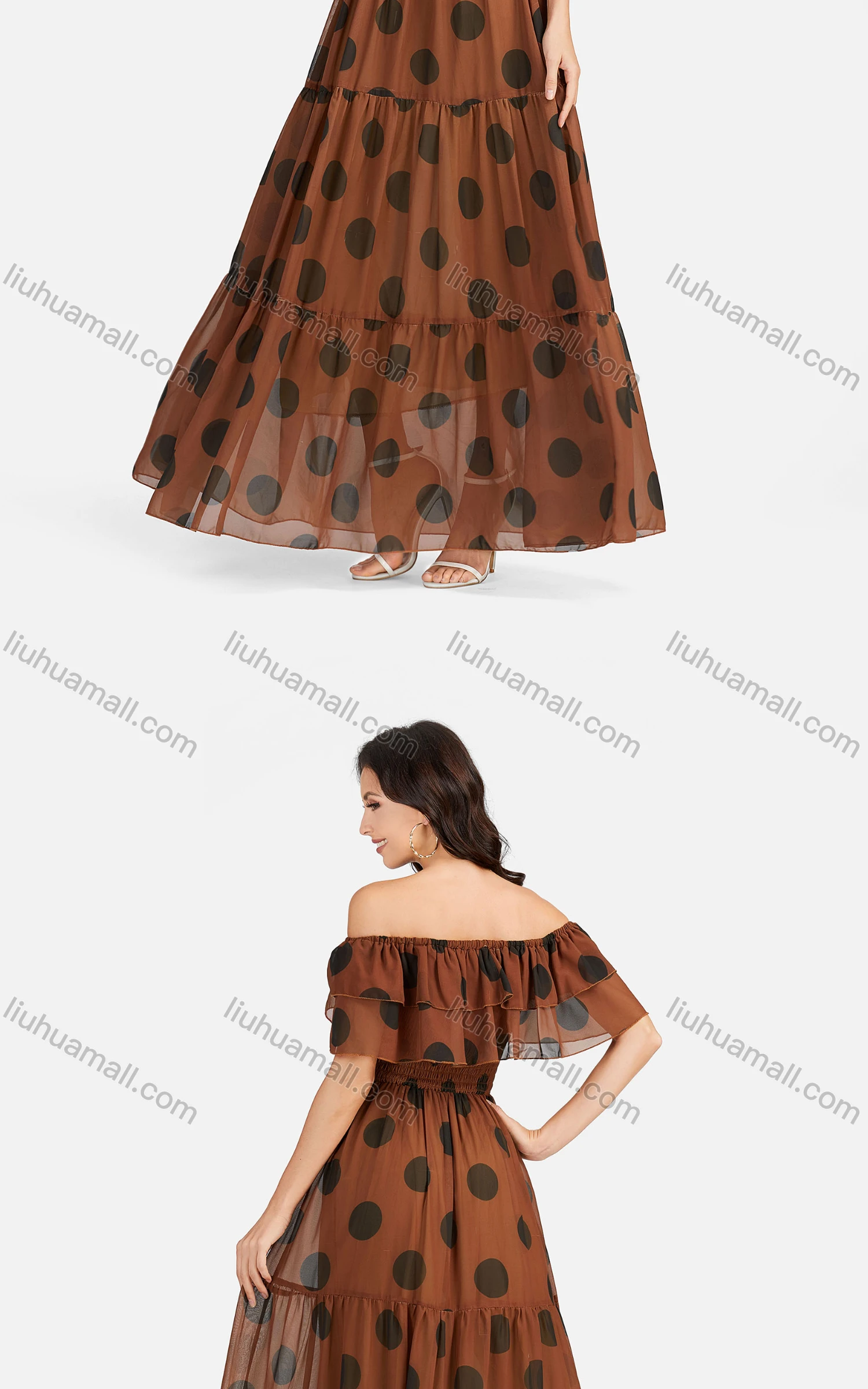 Wholesale Women's Casual Off Shoulder Ruffle Trim Polka Dot Tiered Hem Maxi Dress B632# - Liuhuamall