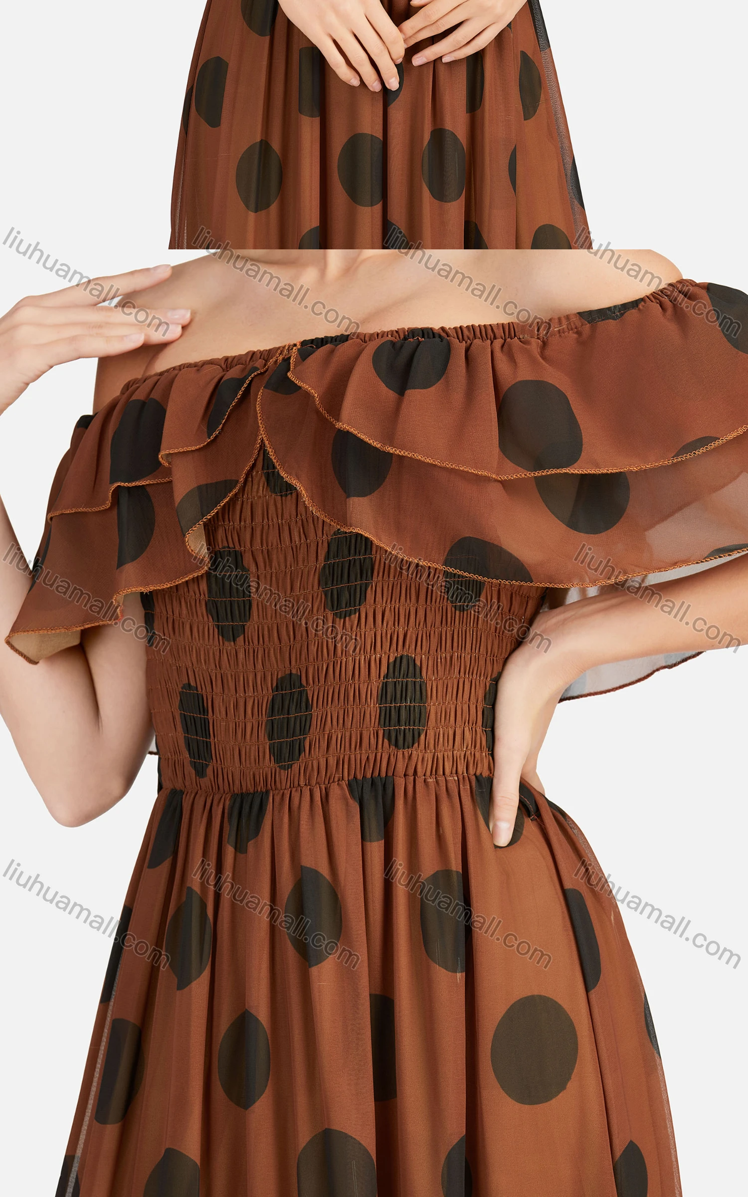 Wholesale Women's Casual Off Shoulder Ruffle Trim Polka Dot Tiered Hem Maxi Dress B632# - Liuhuamall