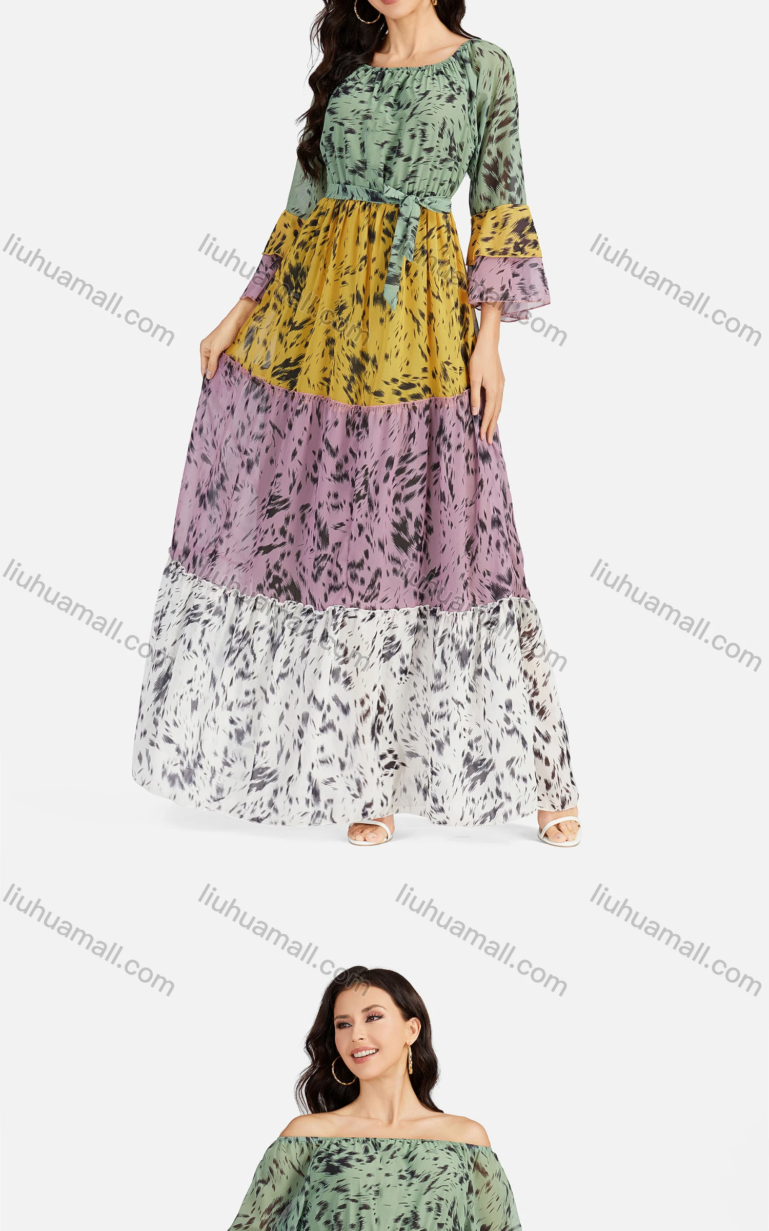 Wholesale Women's Casual Off Shoulder Bell Sleeve Lace Up Floor Length Dress A1336# - Liuhuamall