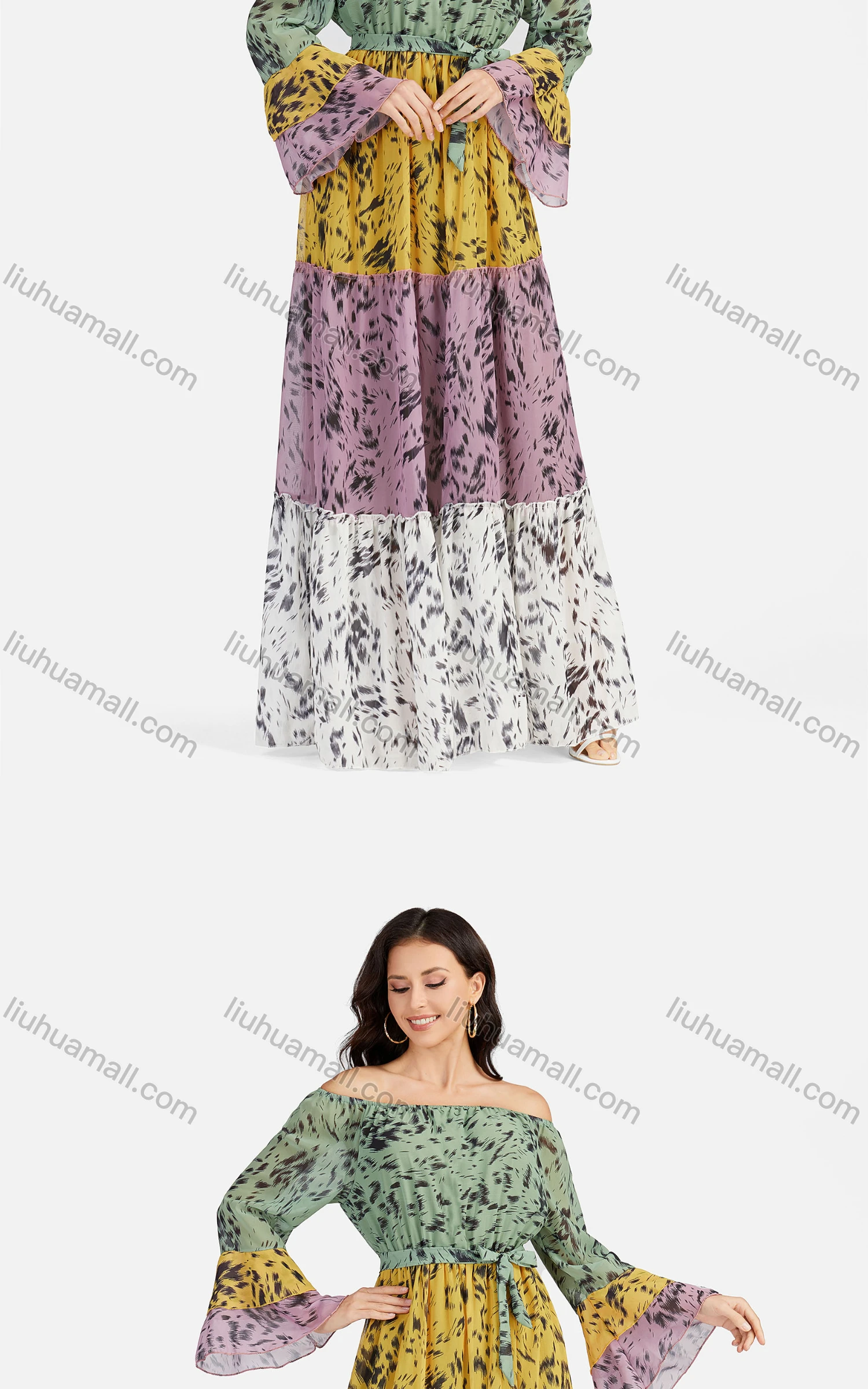 Wholesale Women's Casual Off Shoulder Bell Sleeve Lace Up Floor Length Dress A1336# - Liuhuamall