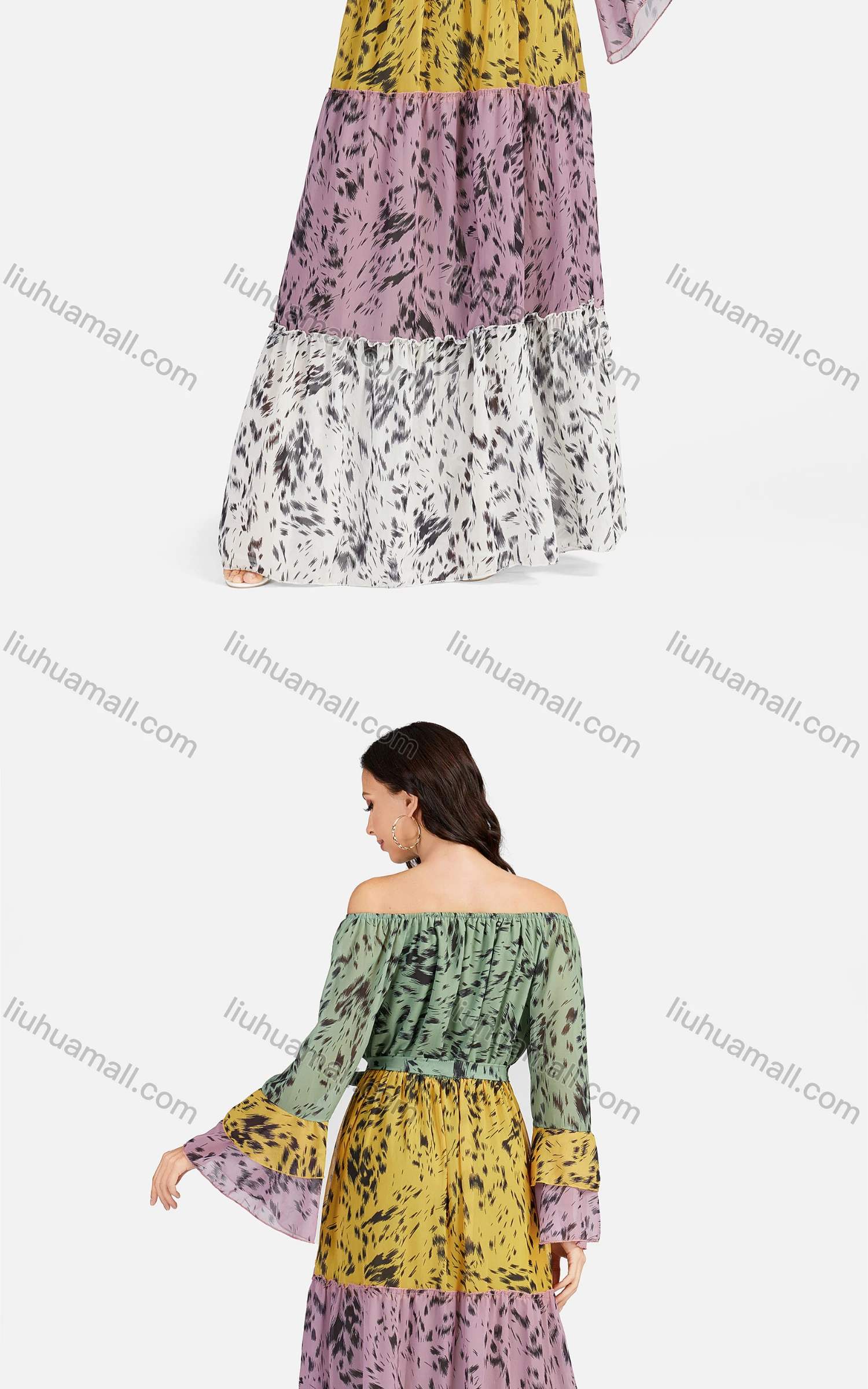 Wholesale Women's Casual Off Shoulder Bell Sleeve Lace Up Floor Length Dress A1336# - Liuhuamall