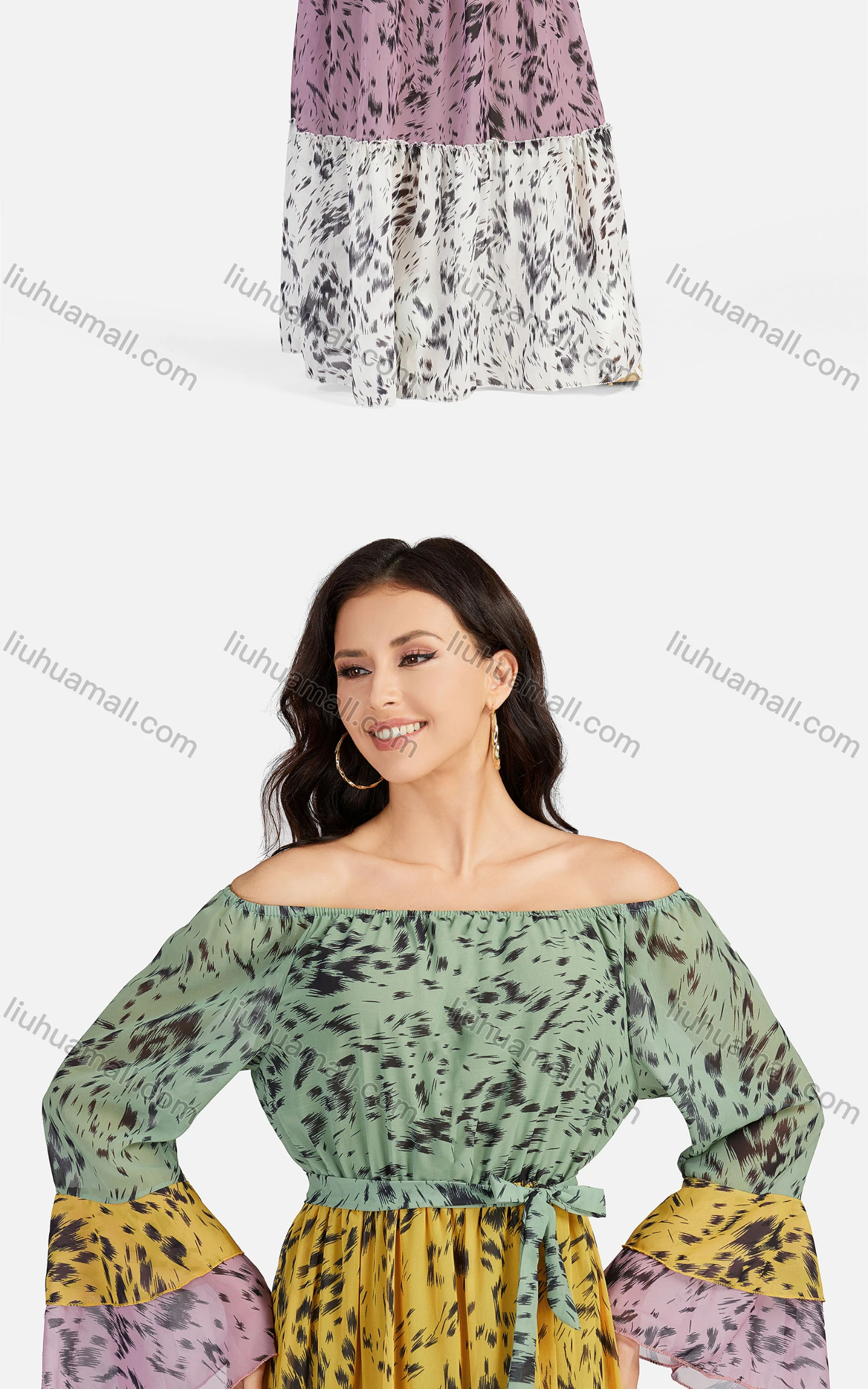 Wholesale Women's Casual Off Shoulder Bell Sleeve Lace Up Floor Length Dress A1336# - Liuhuamall