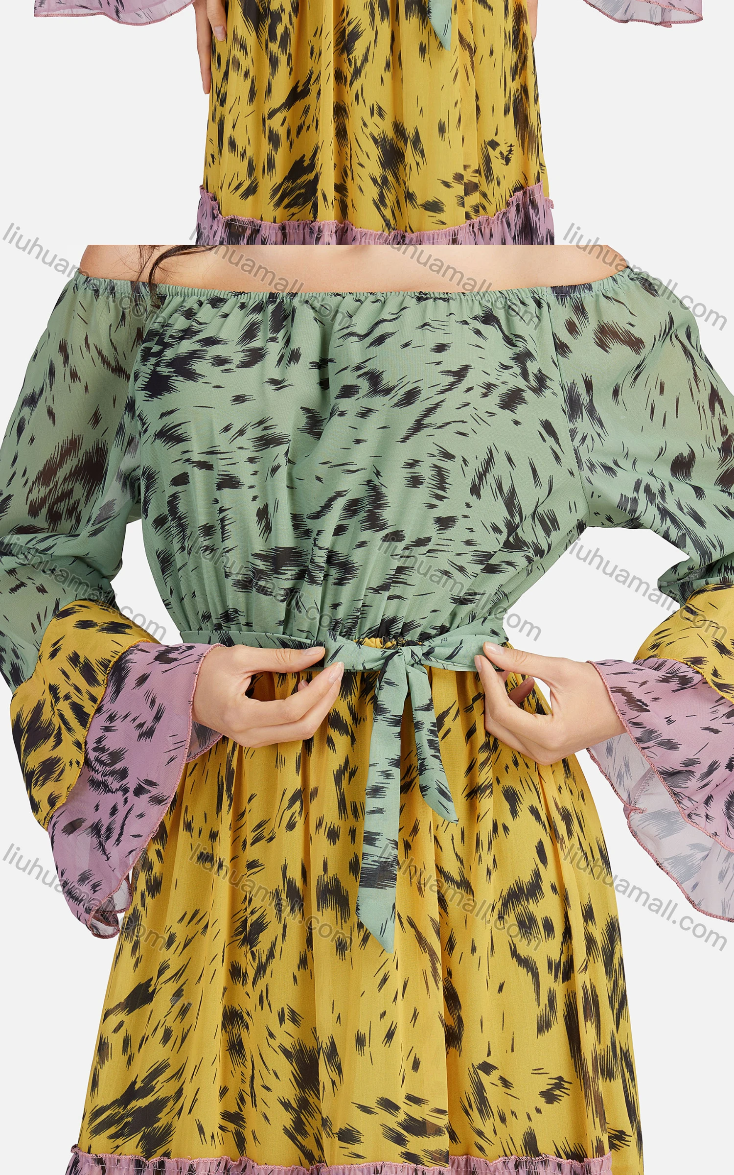 Wholesale Women's Casual Off Shoulder Bell Sleeve Lace Up Floor Length Dress A1336# - Liuhuamall