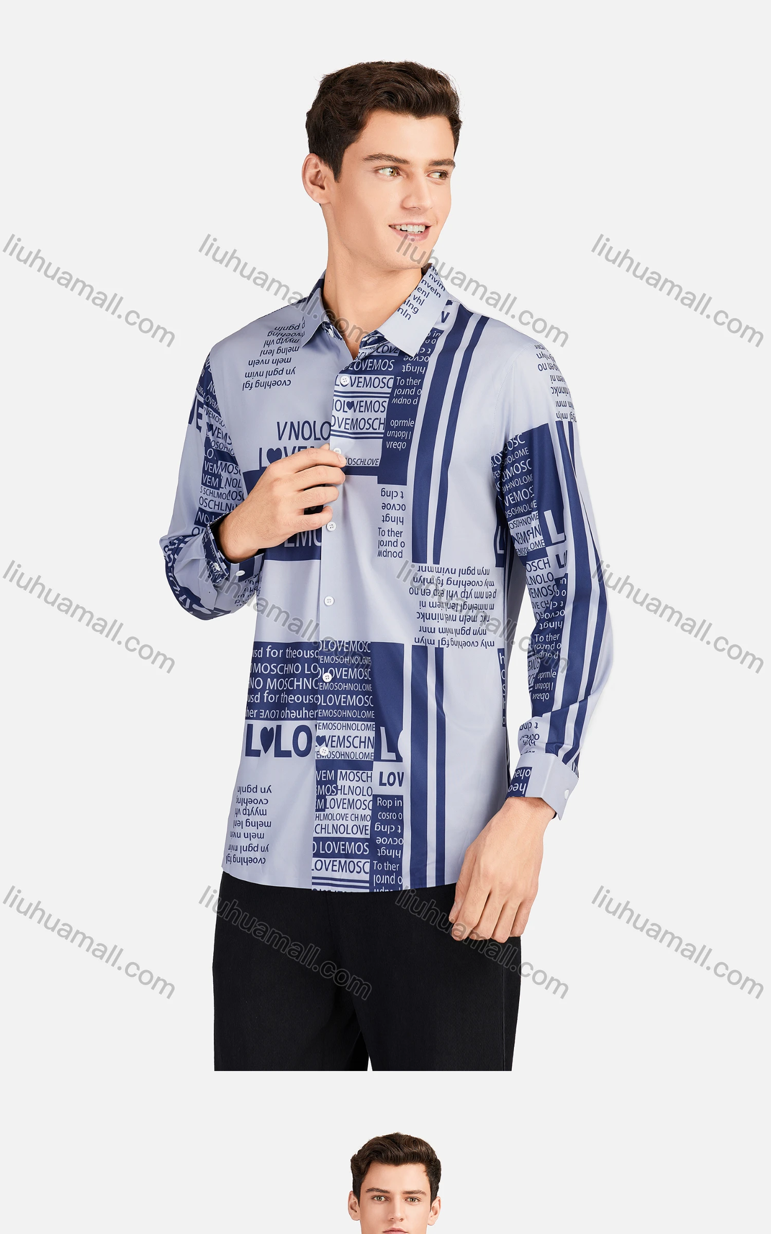 Wholesale Men's Casual Collared Long Sleeve Slim Fit Letter Striped Shirt - Liuhuamall