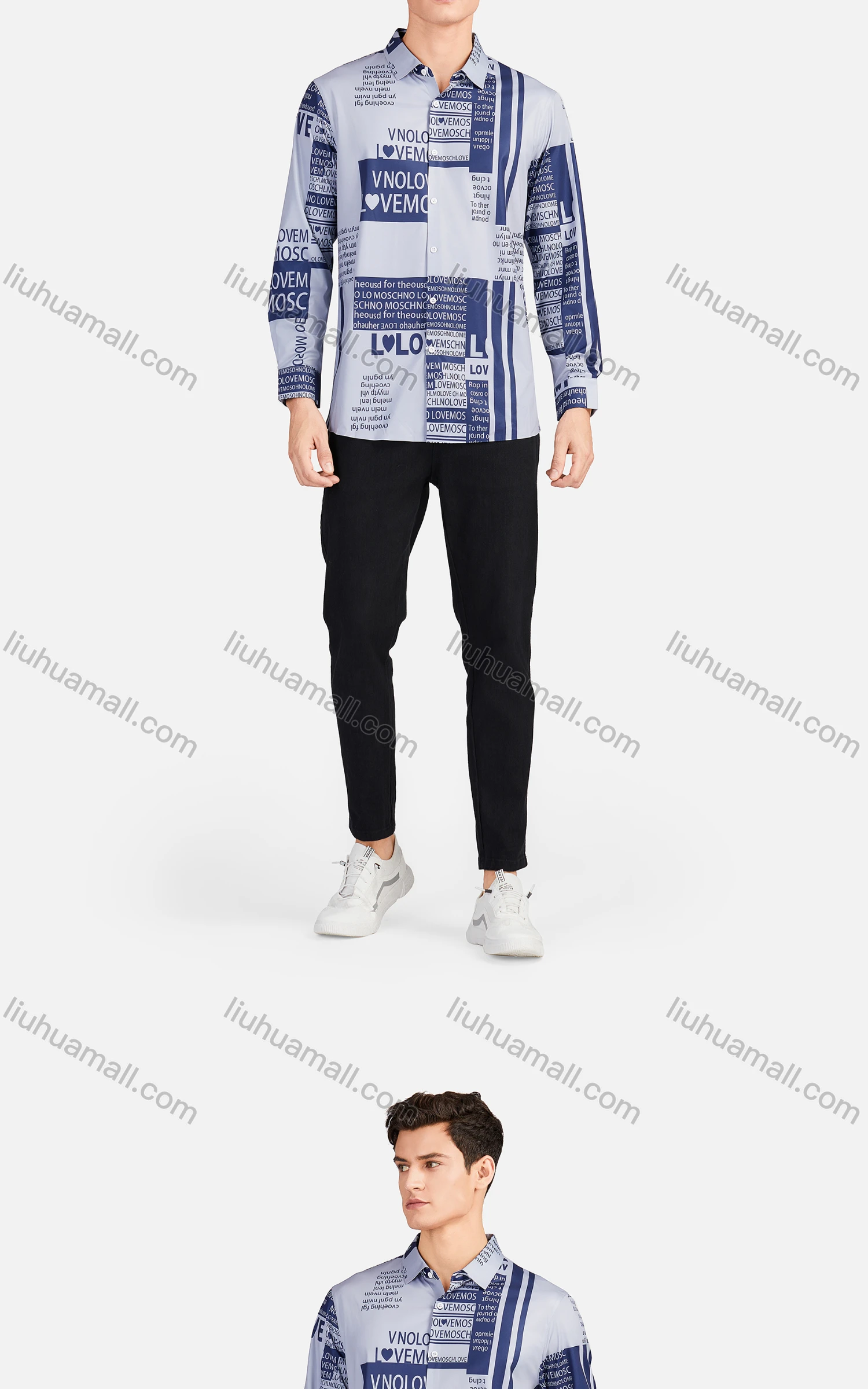 Wholesale Men's Casual Collared Long Sleeve Slim Fit Letter Striped Shirt - Liuhuamall