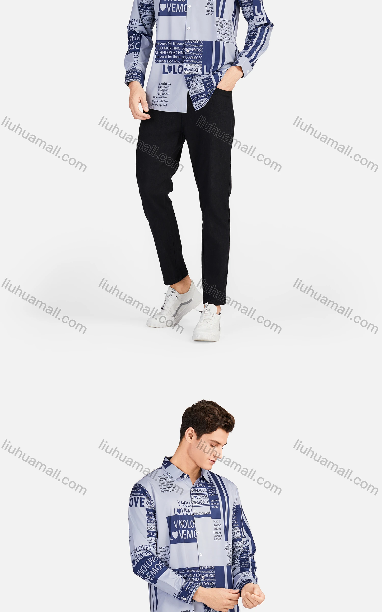 Wholesale Men's Casual Collared Long Sleeve Slim Fit Letter Striped Shirt - Liuhuamall