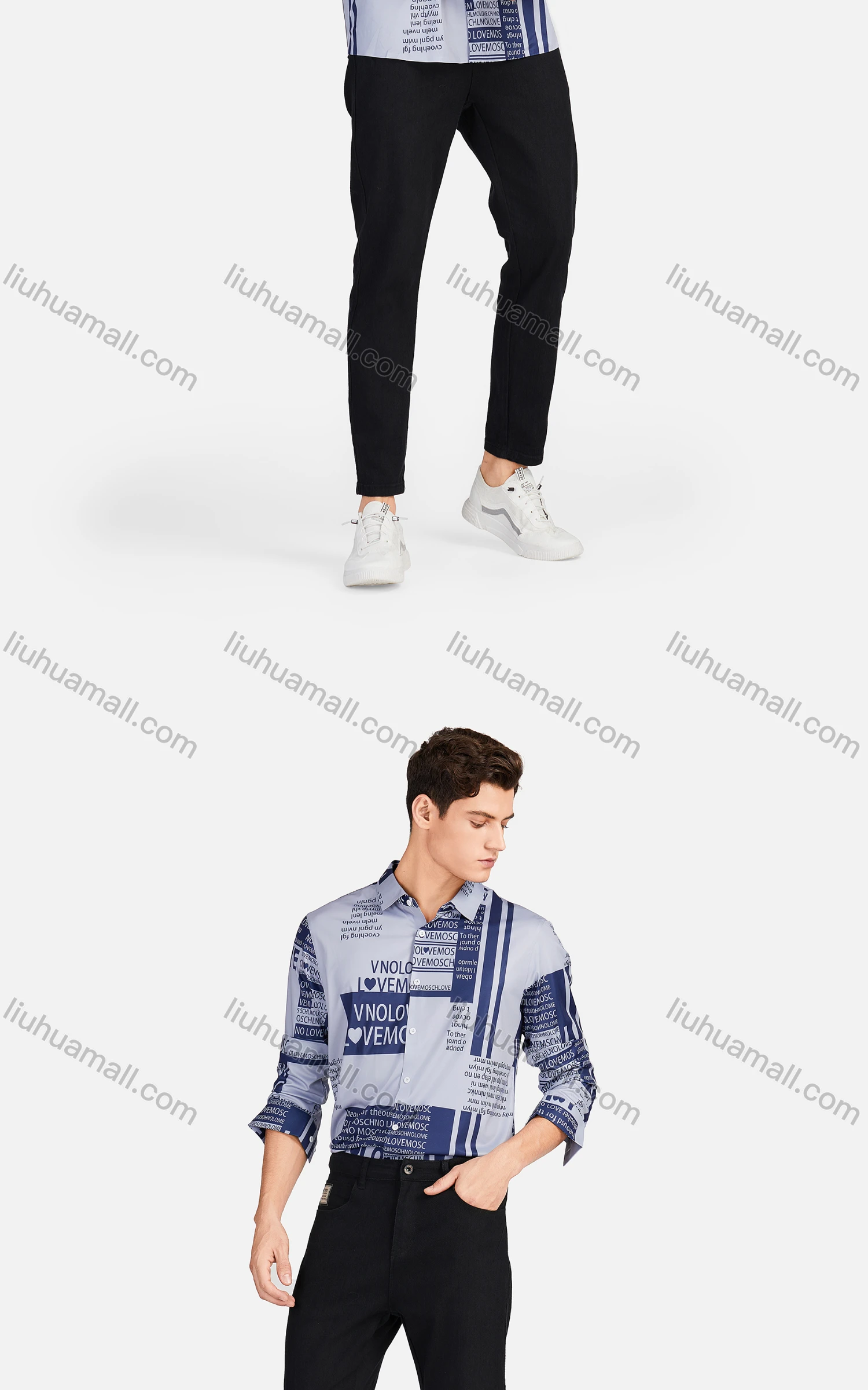 Wholesale Men's Casual Collared Long Sleeve Slim Fit Letter Striped Shirt - Liuhuamall