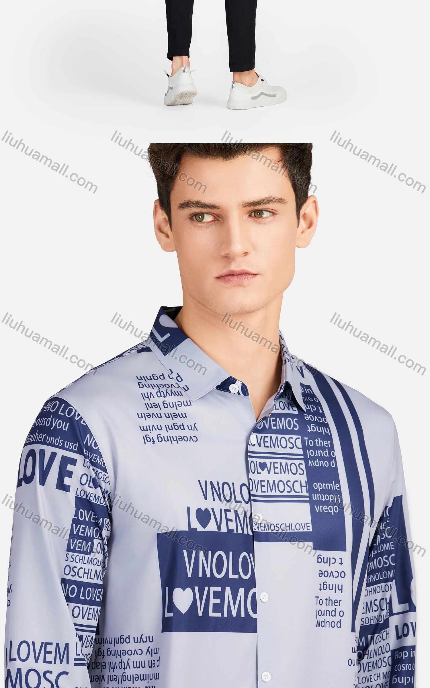 Wholesale Men's Casual Collared Long Sleeve Slim Fit Letter Striped Shirt - Liuhuamall