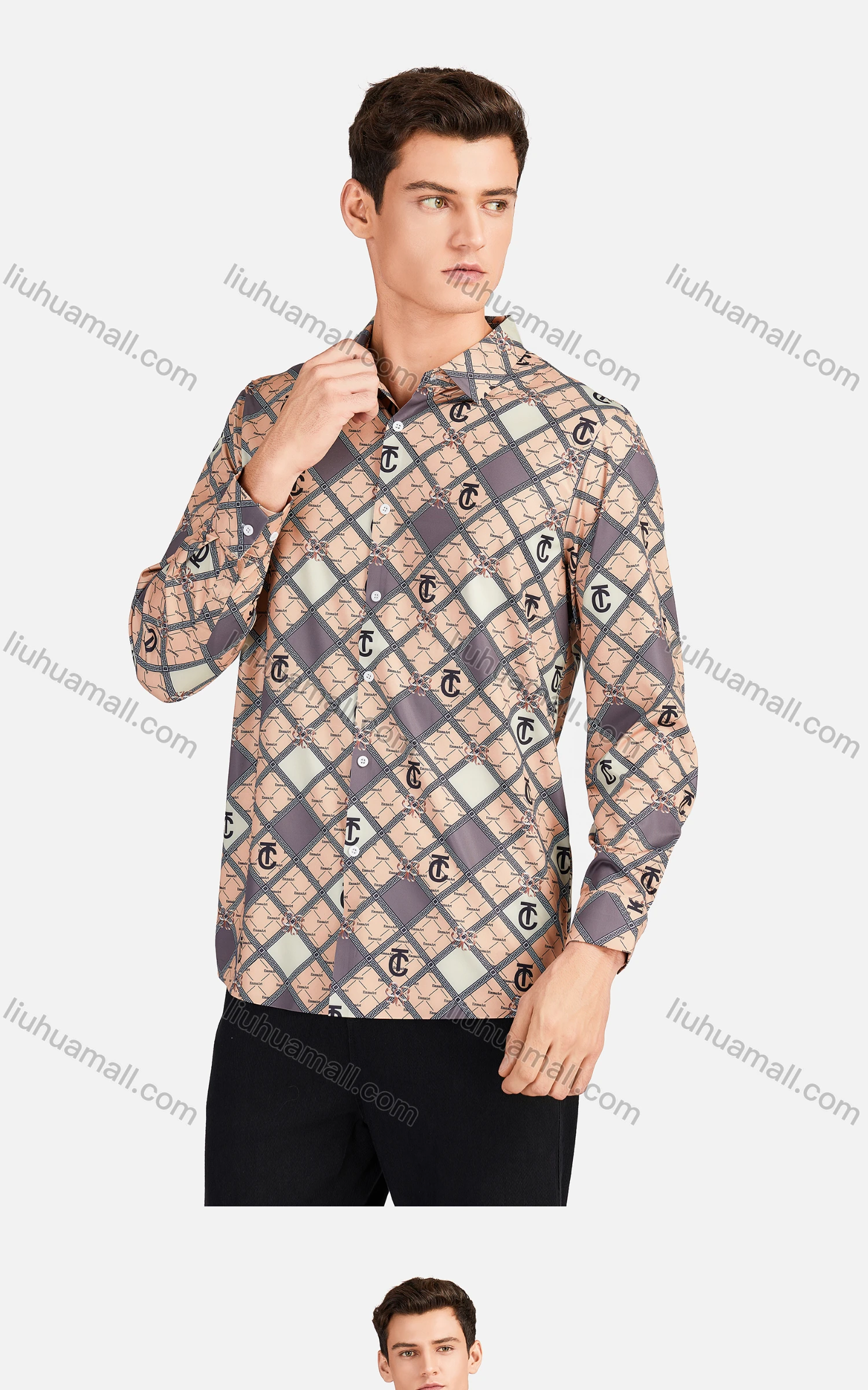 Wholesale Men's Fashion Collared Long Sleeve Slim Fit Plaid Greek Key Shirt - Liuhuamall