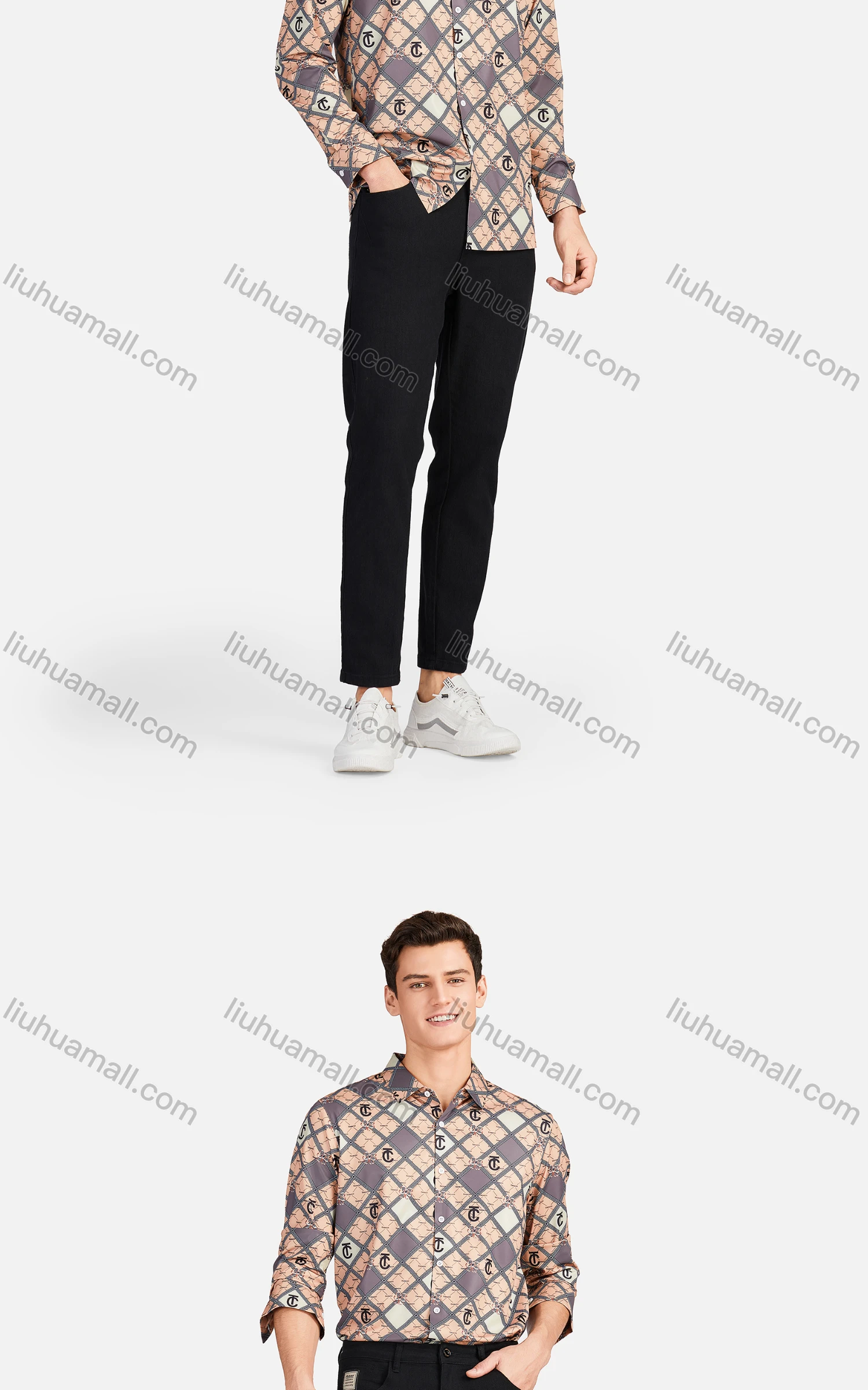 Wholesale Men's Fashion Collared Long Sleeve Slim Fit Plaid Greek Key Shirt - Liuhuamall