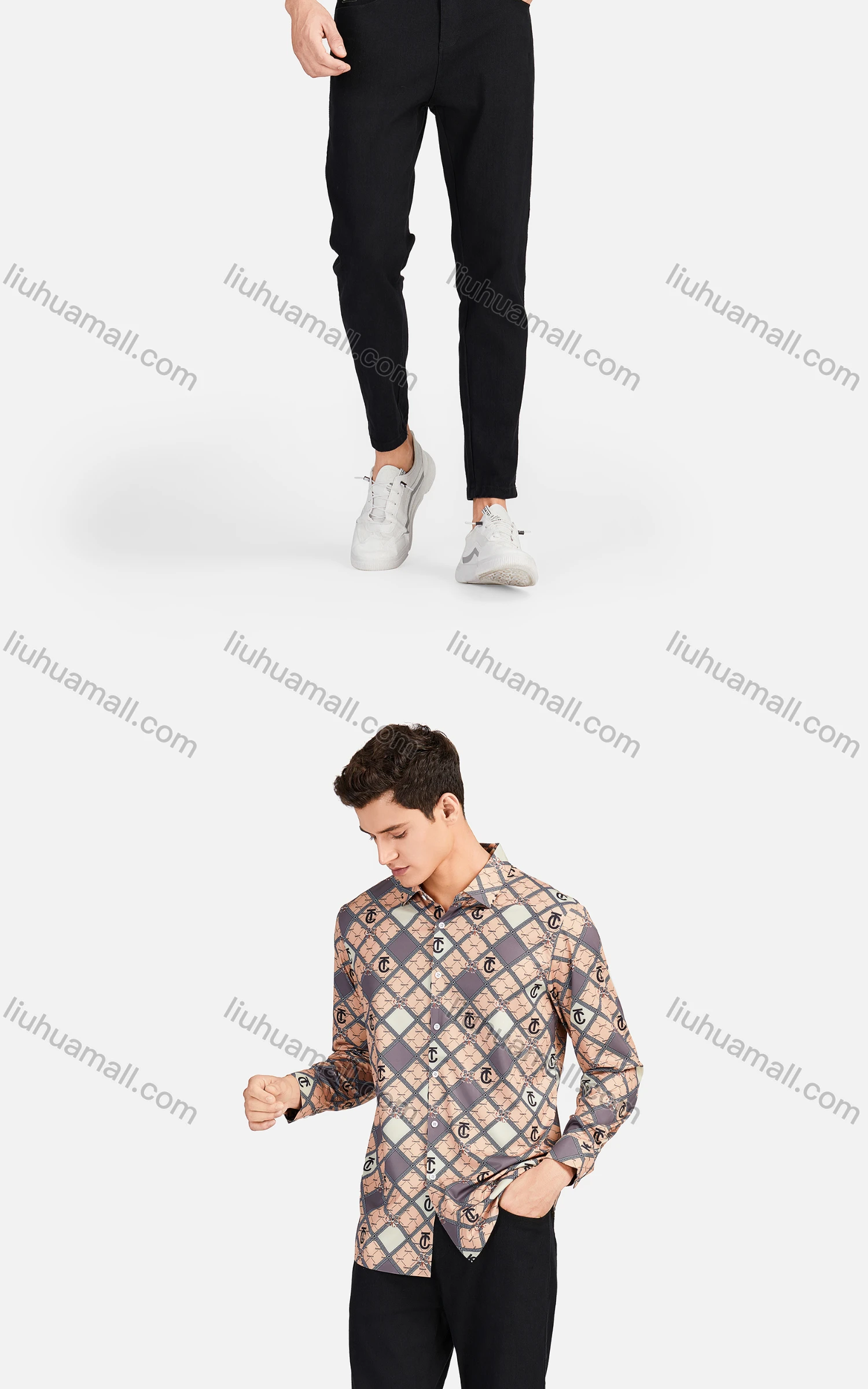 Wholesale Men's Fashion Collared Long Sleeve Slim Fit Plaid Greek Key Shirt - Liuhuamall