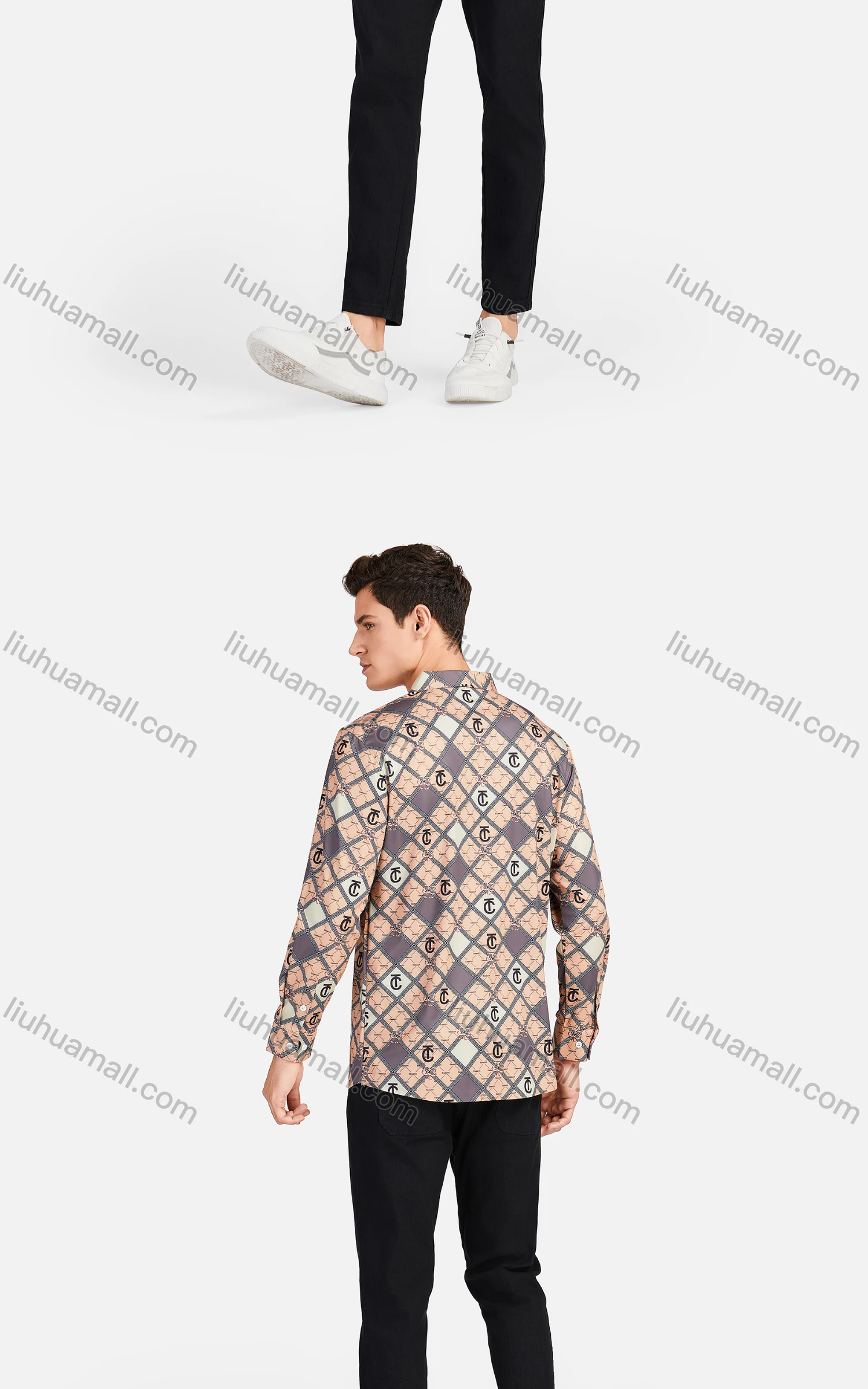 Wholesale Men's Fashion Collared Long Sleeve Slim Fit Plaid Greek Key Shirt - Liuhuamall