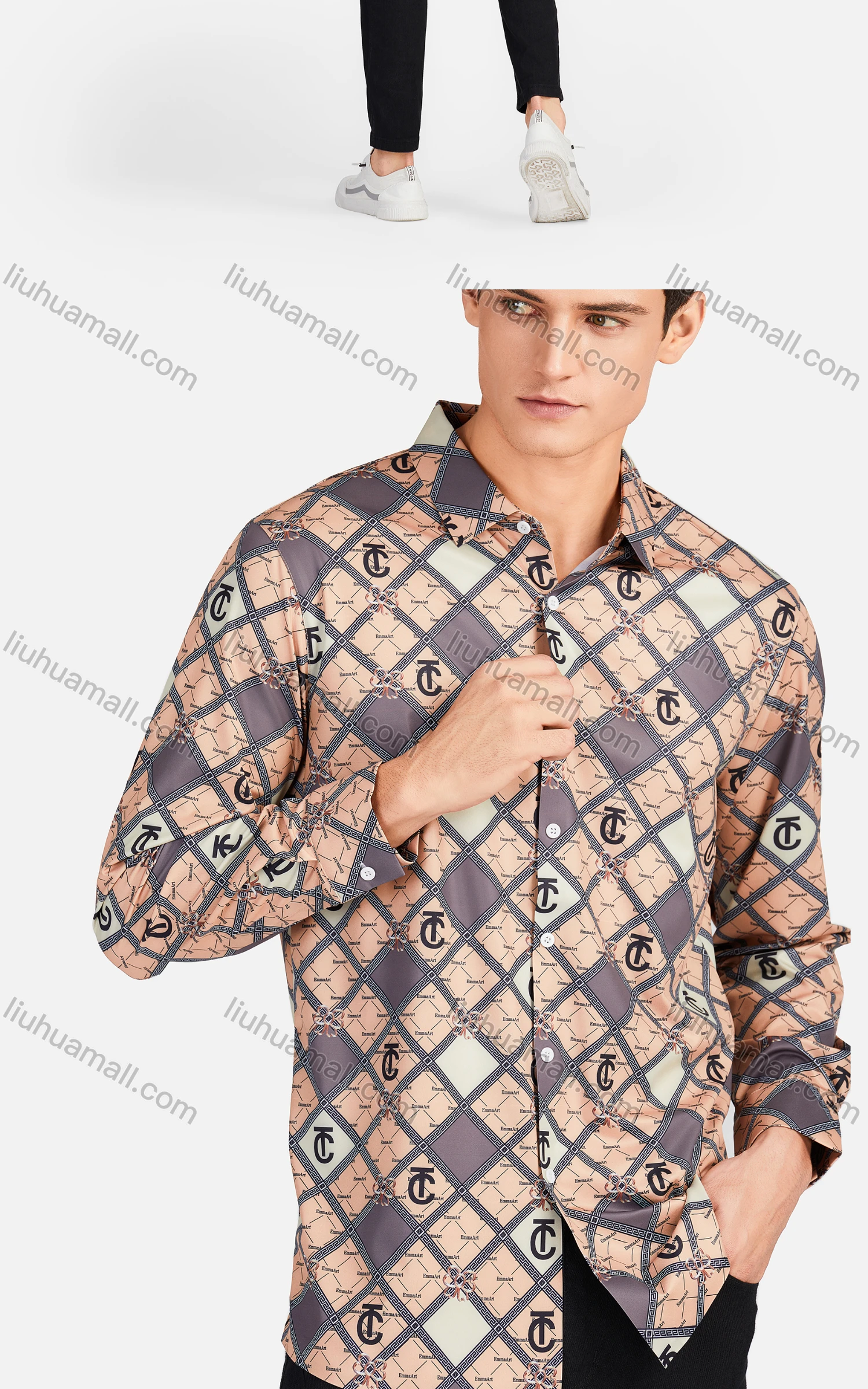 Wholesale Men's Fashion Collared Long Sleeve Slim Fit Plaid Greek Key Shirt - Liuhuamall