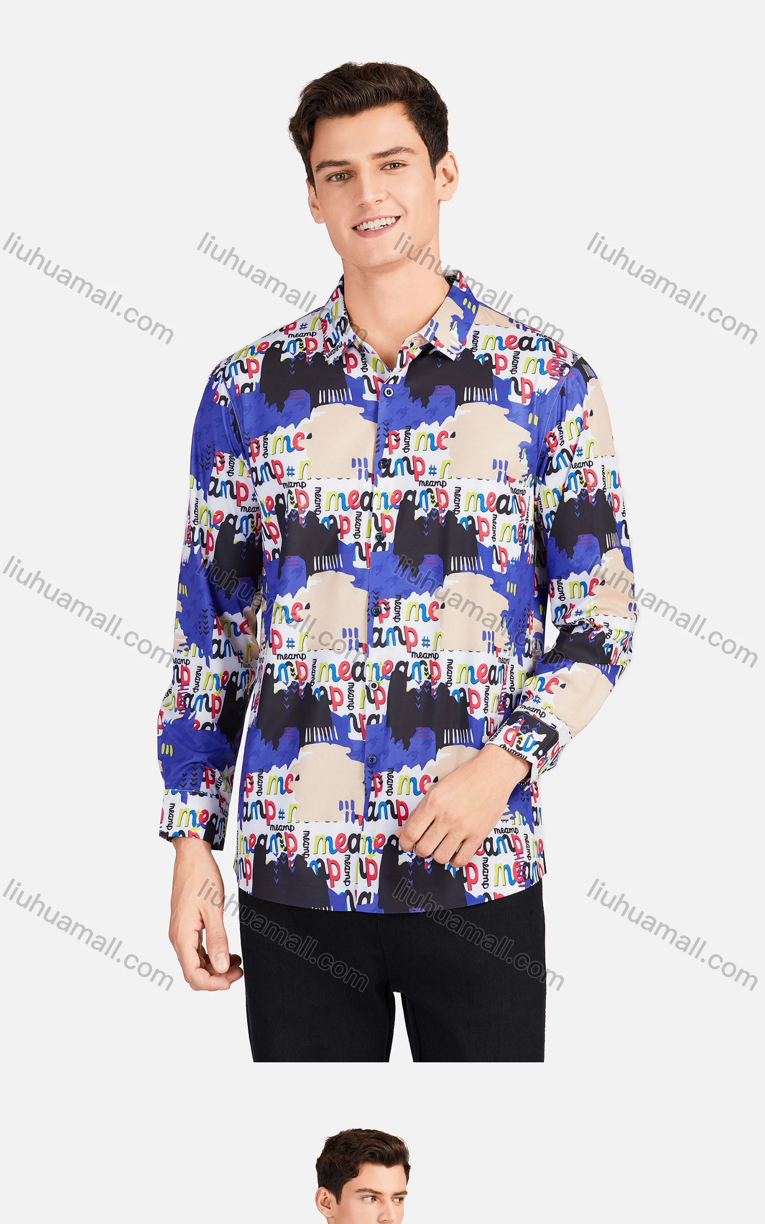 Wholesale Men's Fashion Collared Long Sleeve Slim Fit Letter Colorblock Shirt - Liuhuamall