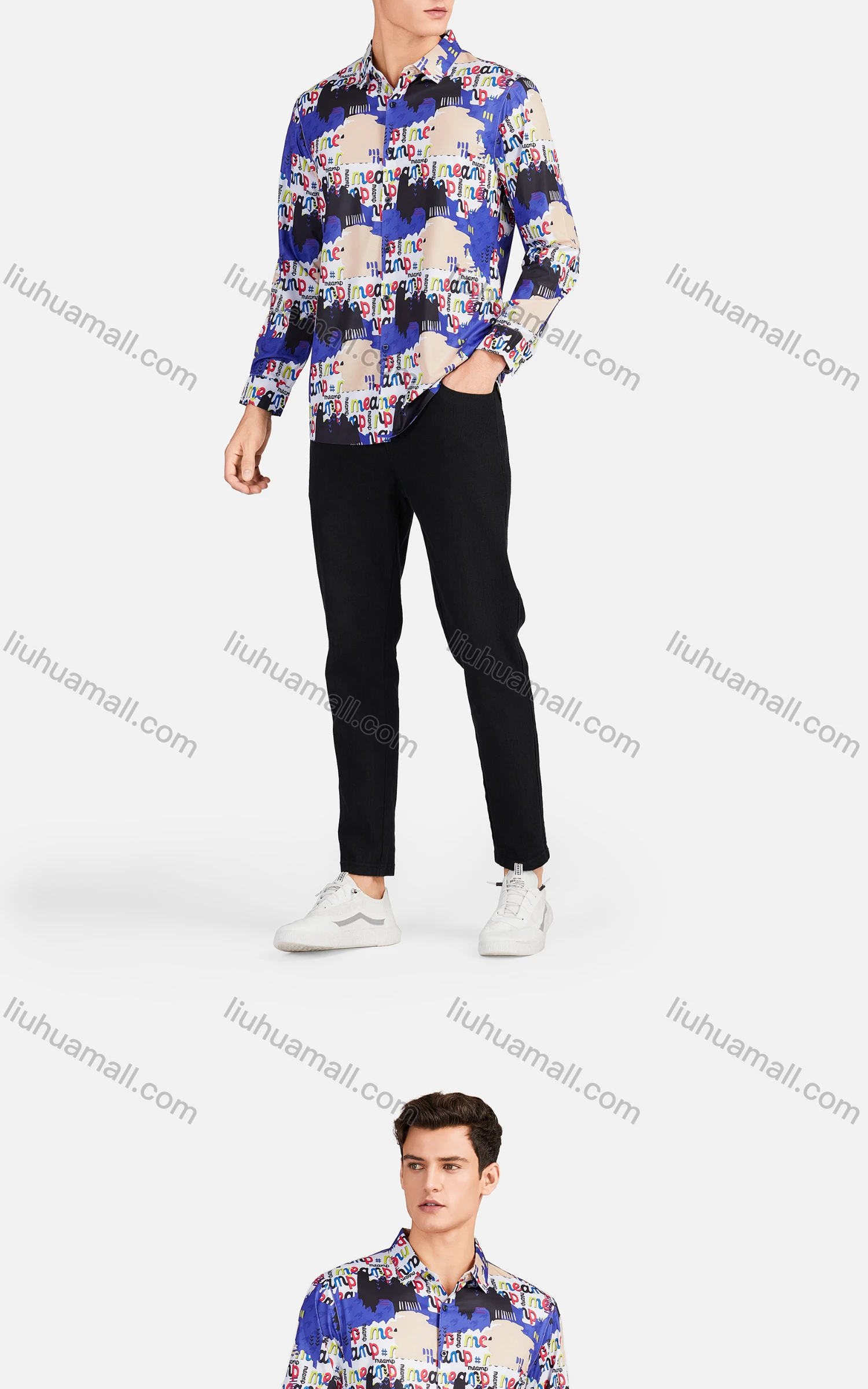 Wholesale Men's Fashion Collared Long Sleeve Slim Fit Letter Colorblock Shirt - Liuhuamall