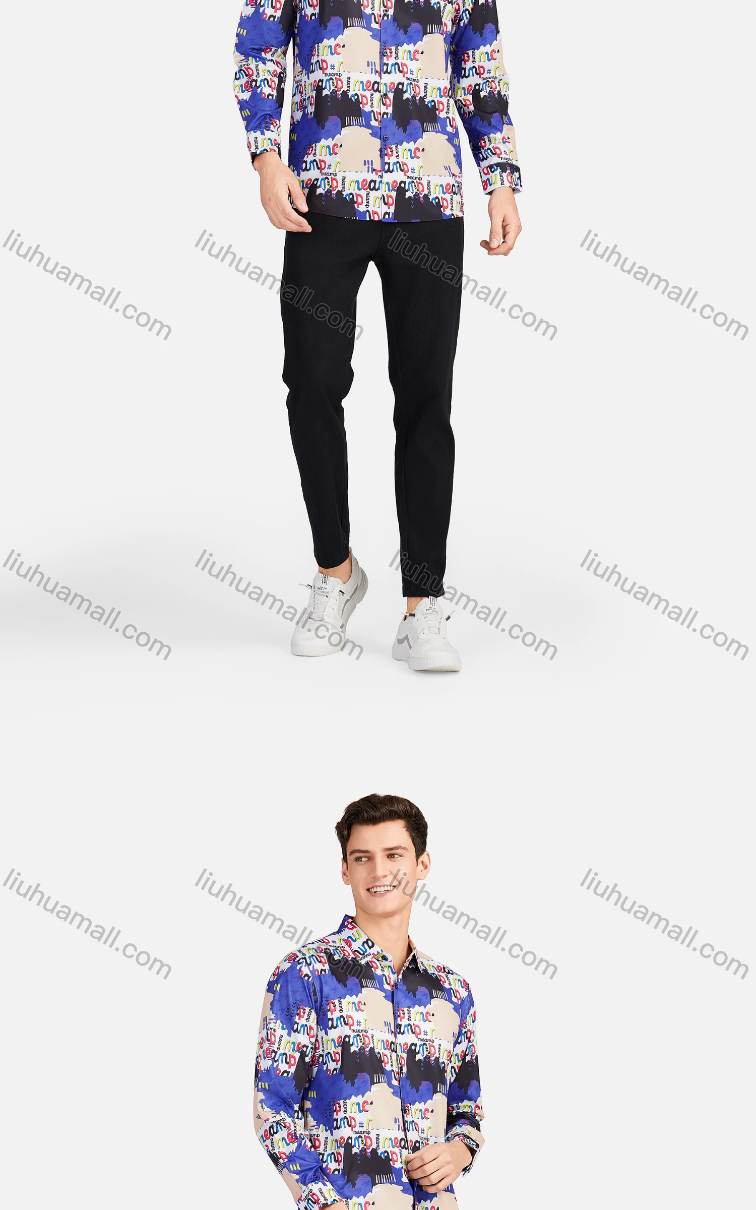 Wholesale Men's Fashion Collared Long Sleeve Slim Fit Letter Colorblock Shirt - Liuhuamall